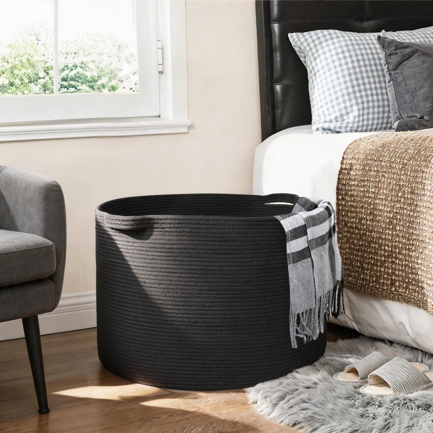 MEGASKET Cesta grande de manta negra, 55.88 x 55.88 x 35.56 cm, cestas de cuerda tejida para almacenamiento, cestas de almacenamiento de juguetes para perros para niños, cestas organizadoras,