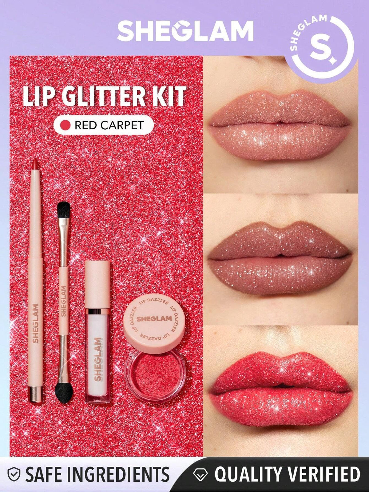 Lip Dazzler Glitter Kit - Red Carpet by Sheglam for Women - 4 Pc 0.059oz Glitter, 0.007oz Lip Liner, 0.038oz Lip Gloss, Brush