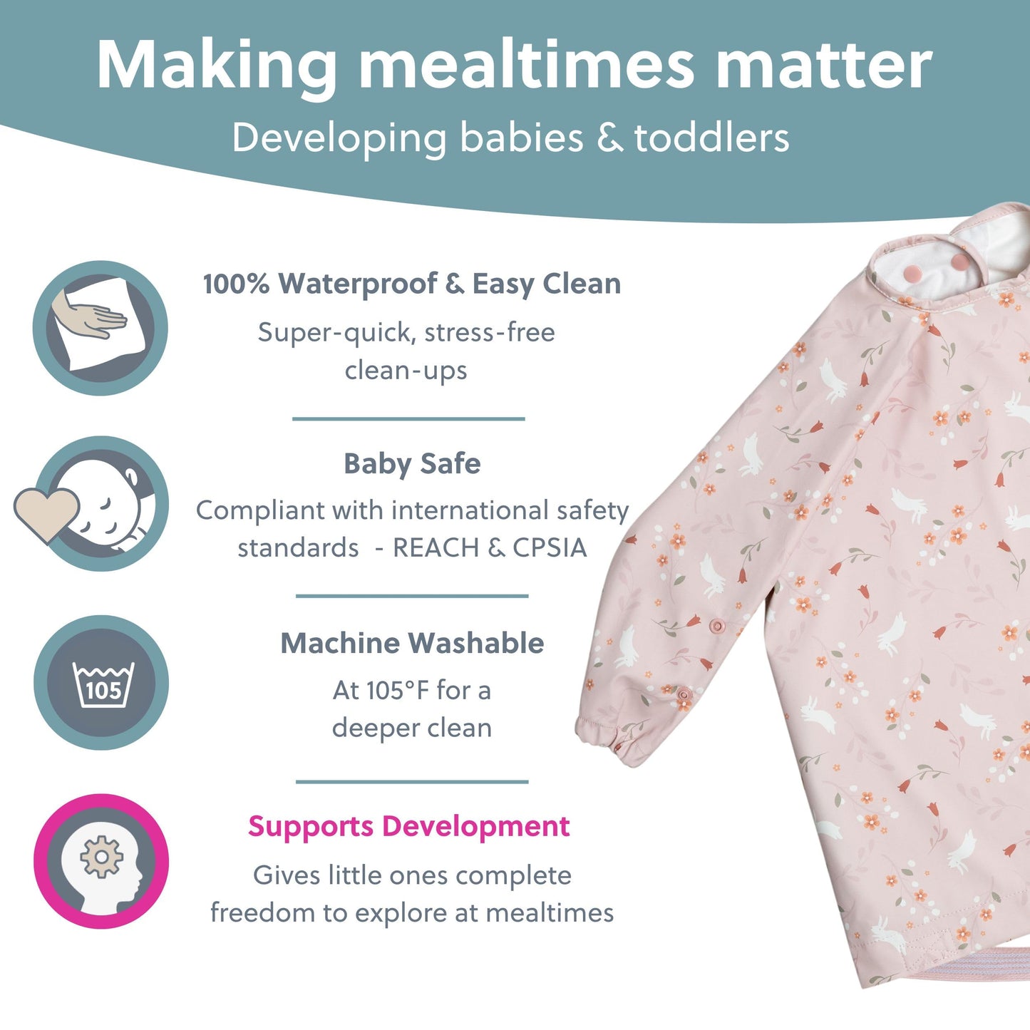 Bibado Baberos para bebé con mangas – Babero de destete LED para niños pequeños y bebés, 6-36 meses, se fija a sillas altas, cochecitos, mesas, Conejitos botánicos, One Size