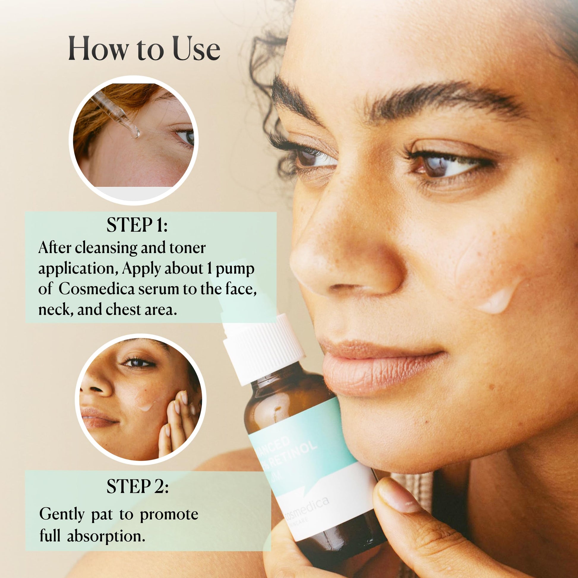 Cosmedica Skincare SUERO DE RETINOL AL 2.5%. Estimula la producción de colágeno y combate las secuelas de acné. Con acido hialuronico y Te verde.