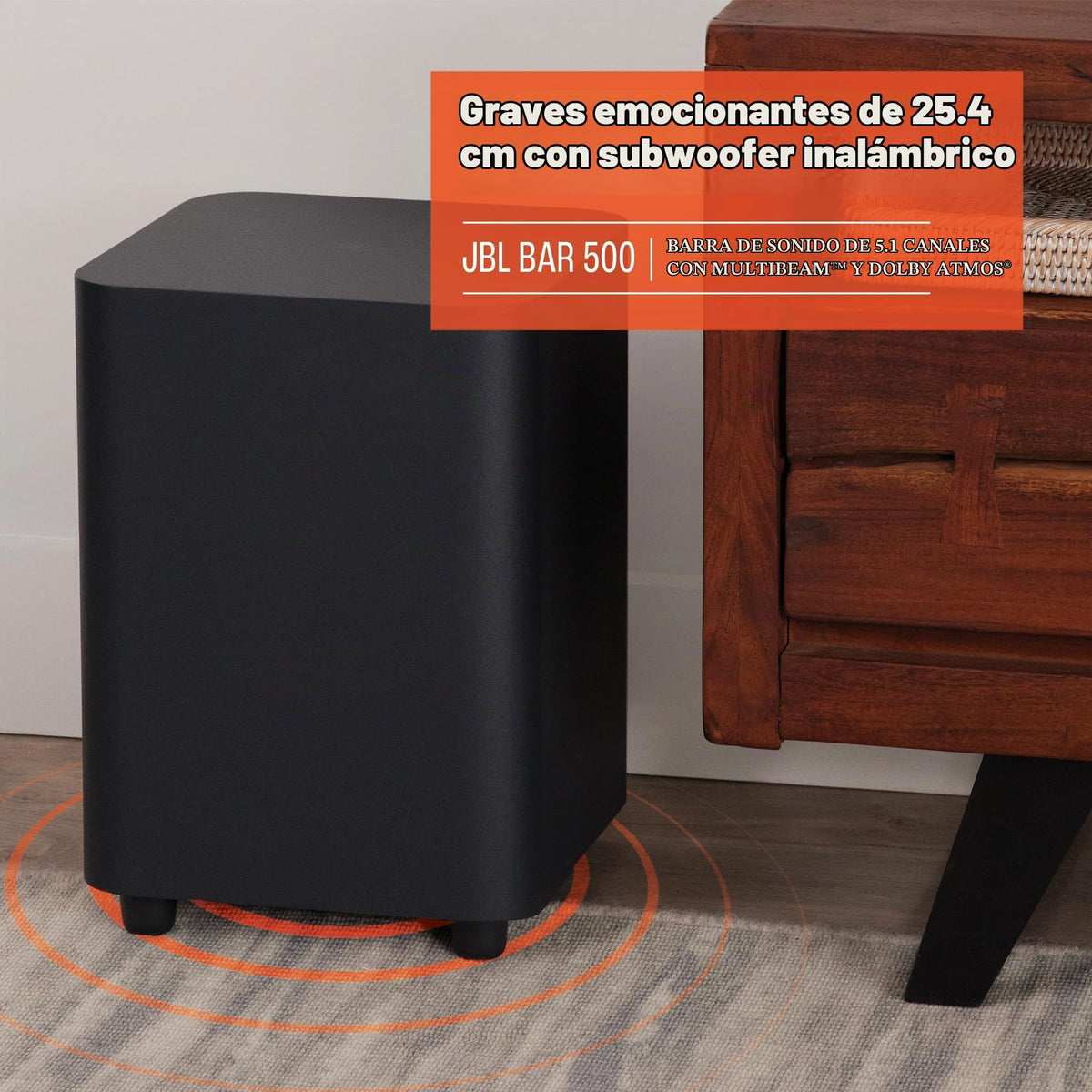 Barra de Sonido JBL Bar 500 Negro con Subwoofer 5.1 Surround Wi-Fi Bluetooth Dolby Atmos 590W HDMI ARC Multibeam