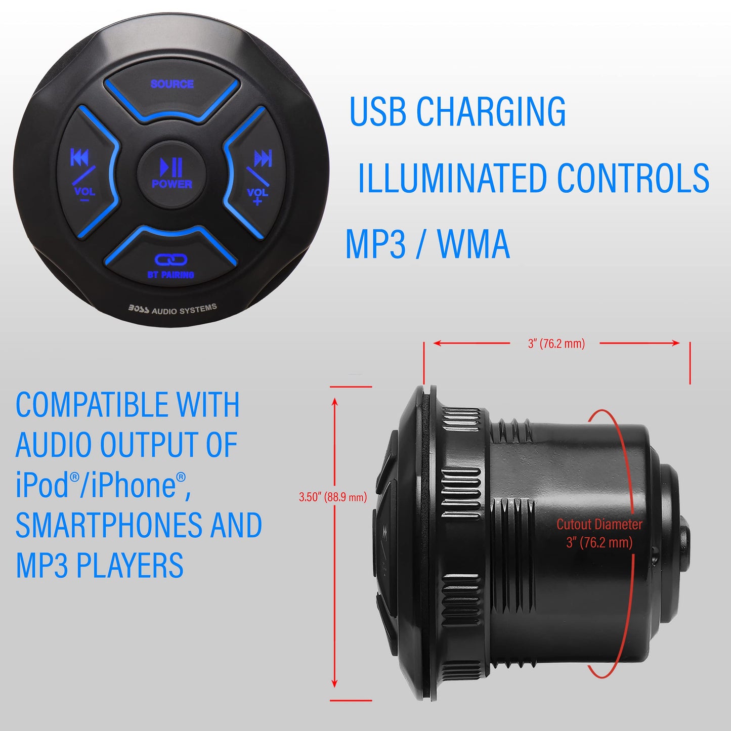 Boss Audio Systems MGR250B - Receptor de indicador de Radio Marino Bluetooth, Amplificador Integrado, clasificación IPX6, Puerto USB + Carga USB