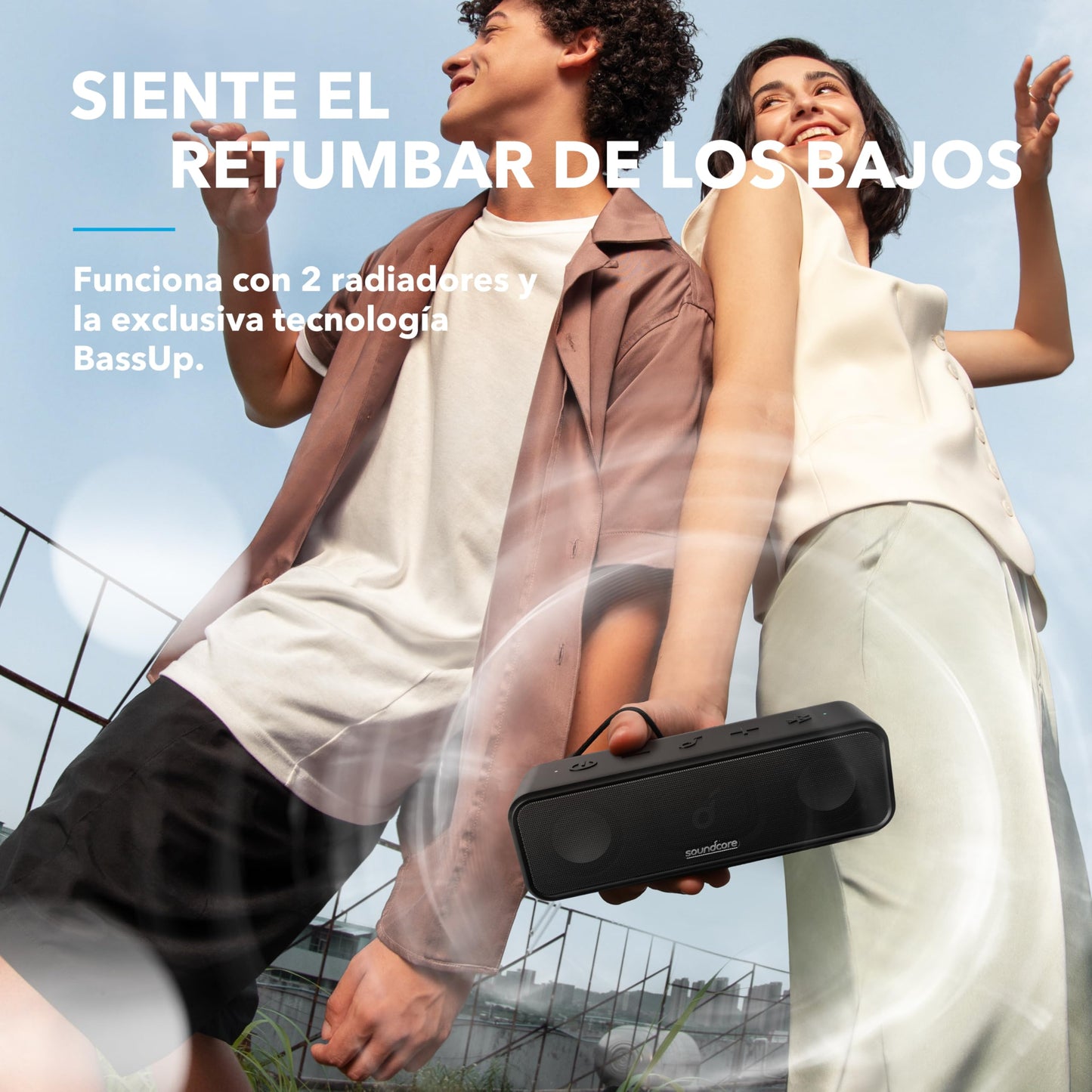 Soundcore by Anker 3 Bocinas Portátiles Bluetooth con Sonido Estéreo, Diafragmas de Titanio Puro, PartyCast, BassUp, 24h Reproducción, IPX7, App con Ecualizador Personalizado,Casa, Playa y Exterior