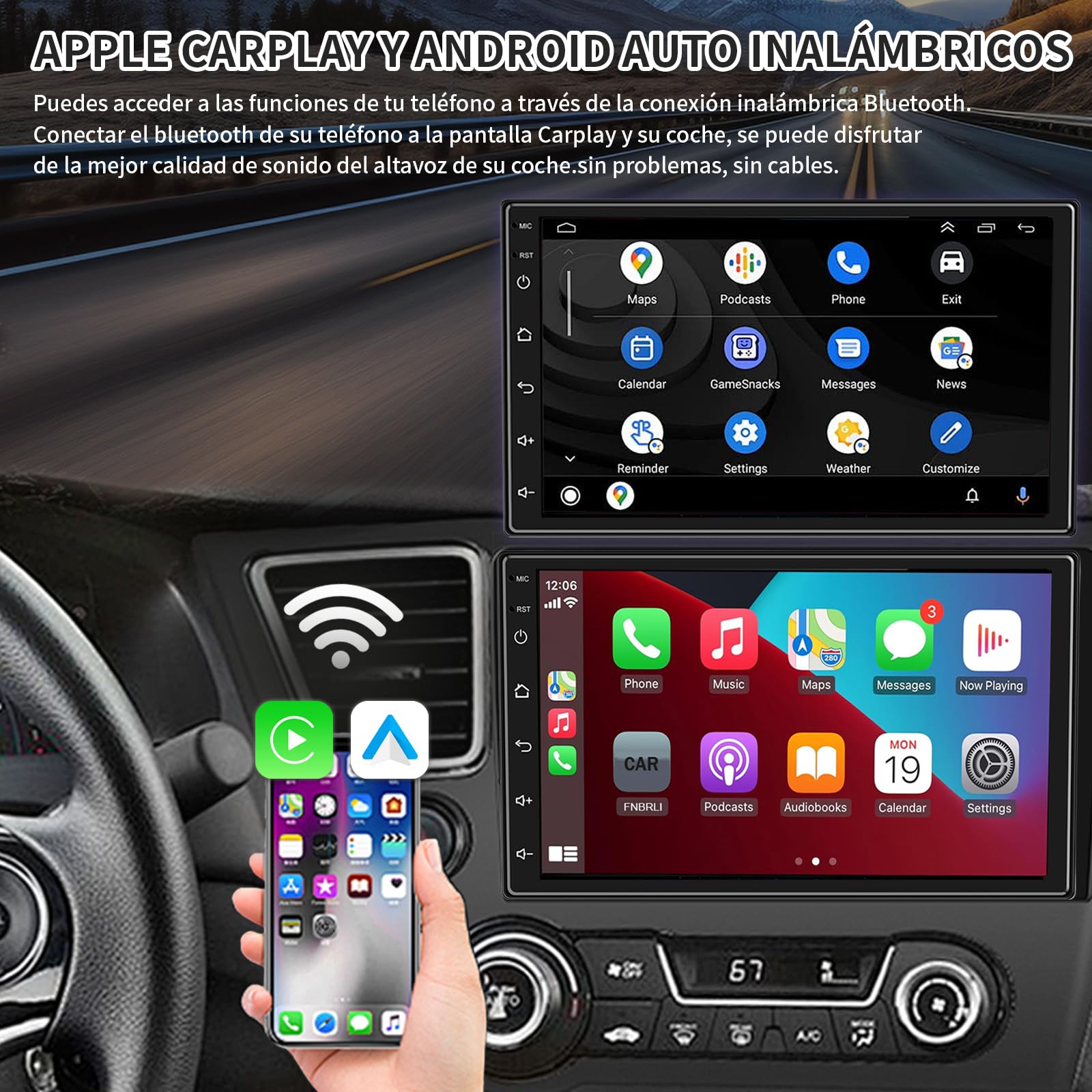 FINYQBET 7 Pulgadas Pantalla Inalámbrica Estéreo para Coche C1060N,2+32G Estéreo para Pantalla Carplay para Auto con Carplay， Pantalla HD Mirrorlink,FM,GPS,Bluetooth,RAC y más