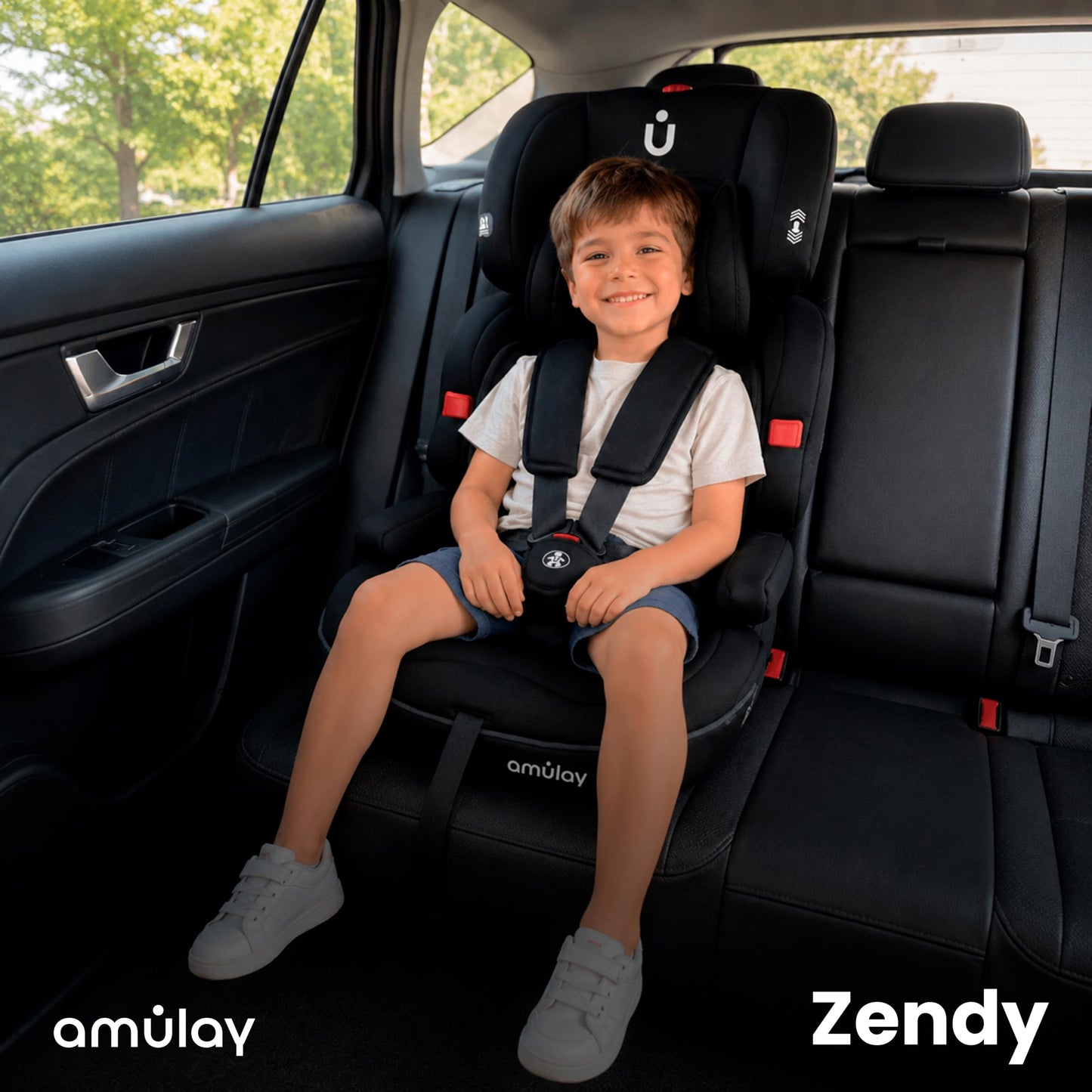 Amulay | Autoasiento para Bebe de 9 a 36 kg | Booster Car Seat con Arnés de 5 puntos, Respaldo Reclinable, Cojín elevador y Reposa cabezas ajustable | Color Negro