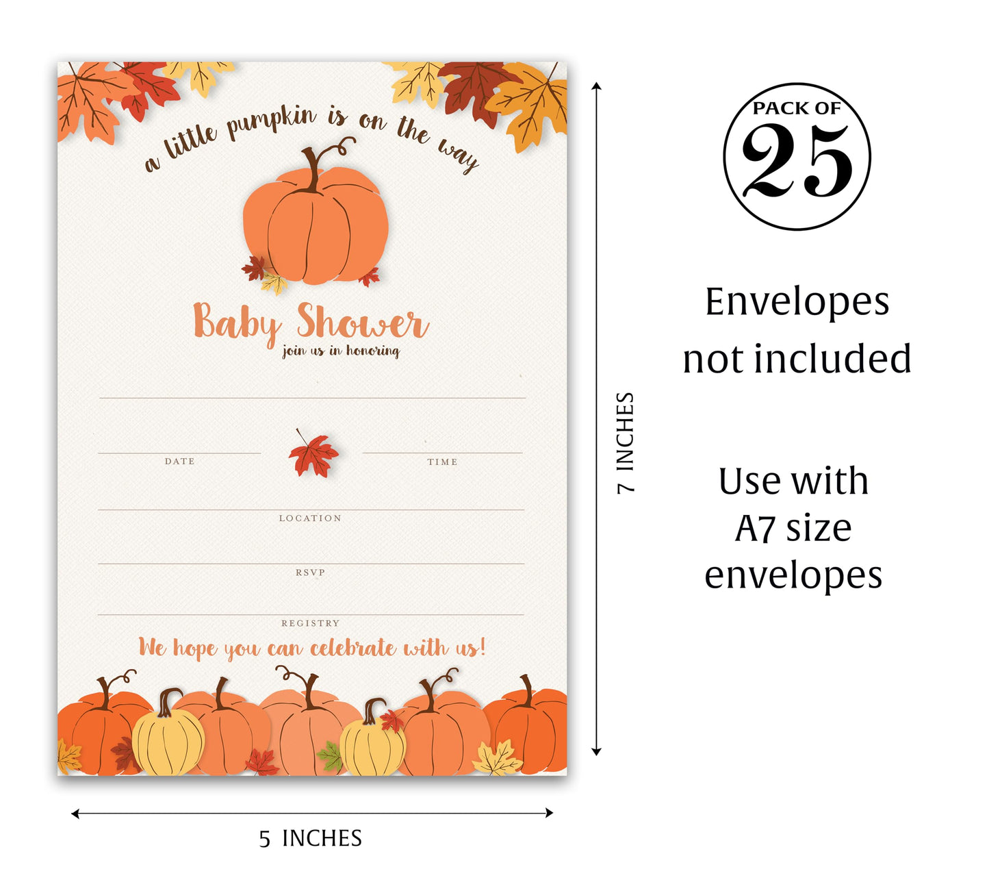 Roseum Collections Little PUMPKIN - Invitaciones para baby shower - Paquete de 25 - Invitaciones de relleno neutro de género con calabazas, tema de baby shower de otoño o Halloween I330-INV1