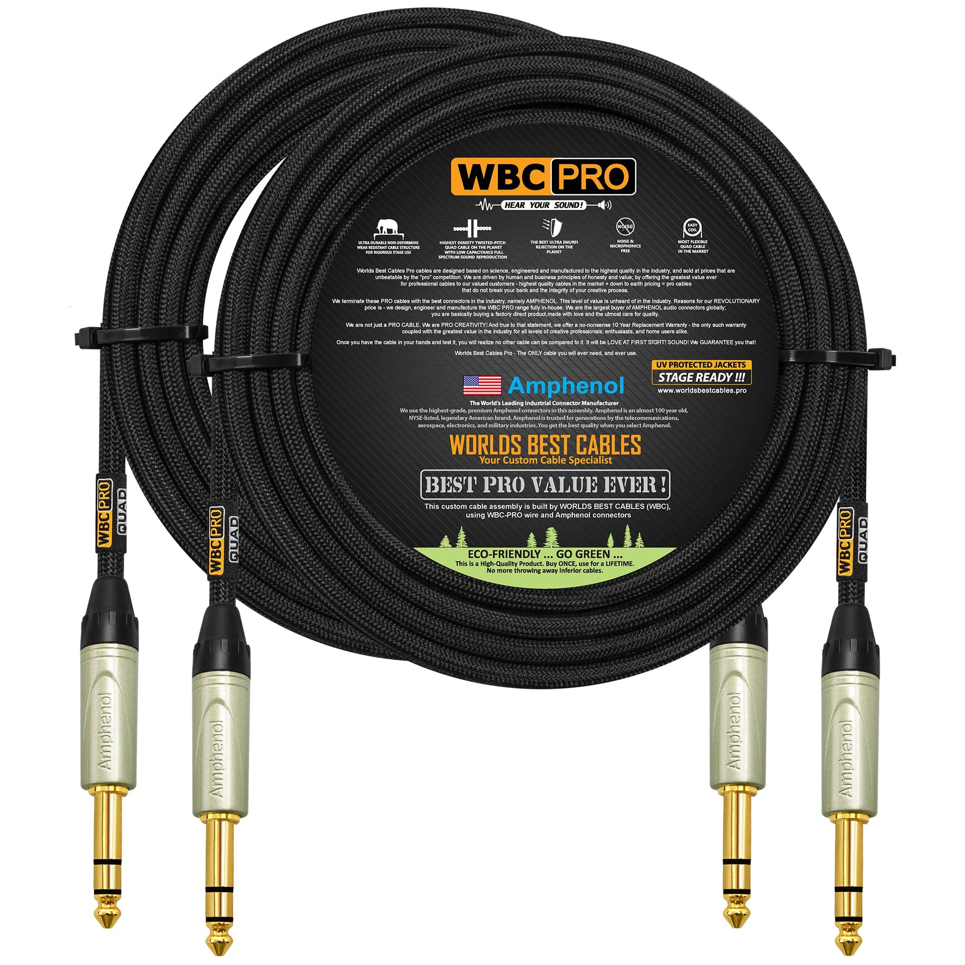 Cable Balanceado Star-Quad Ultra Pro de 50 Pies WBC Negro con Conectores TRS Amphenol de Oro