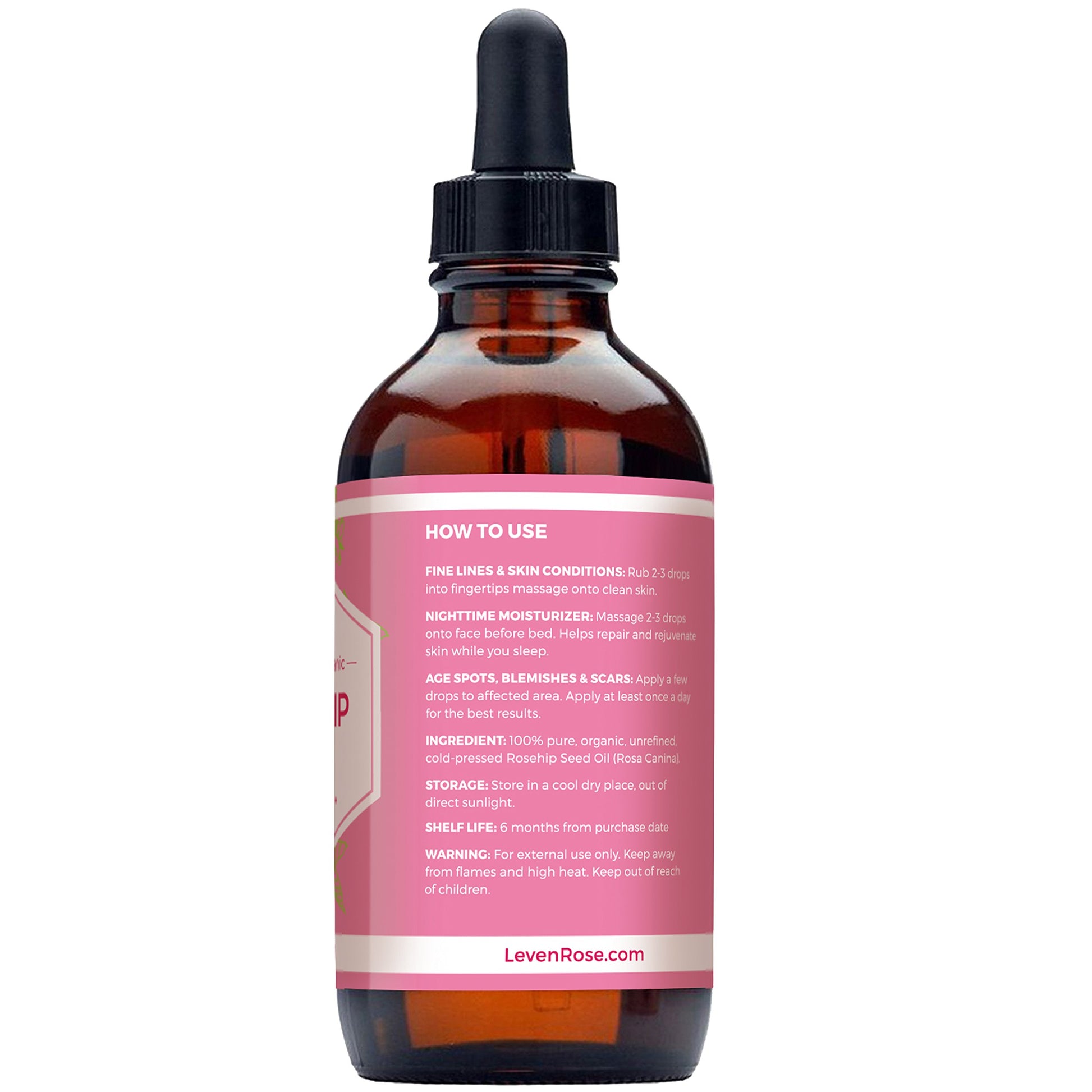 Rosehip Seed Oil by Leven Rose - 100% Pure Organic Unrefined Cold Pressed Anti Aging Moisturizer for Hair Skin and Nails - 4 oz