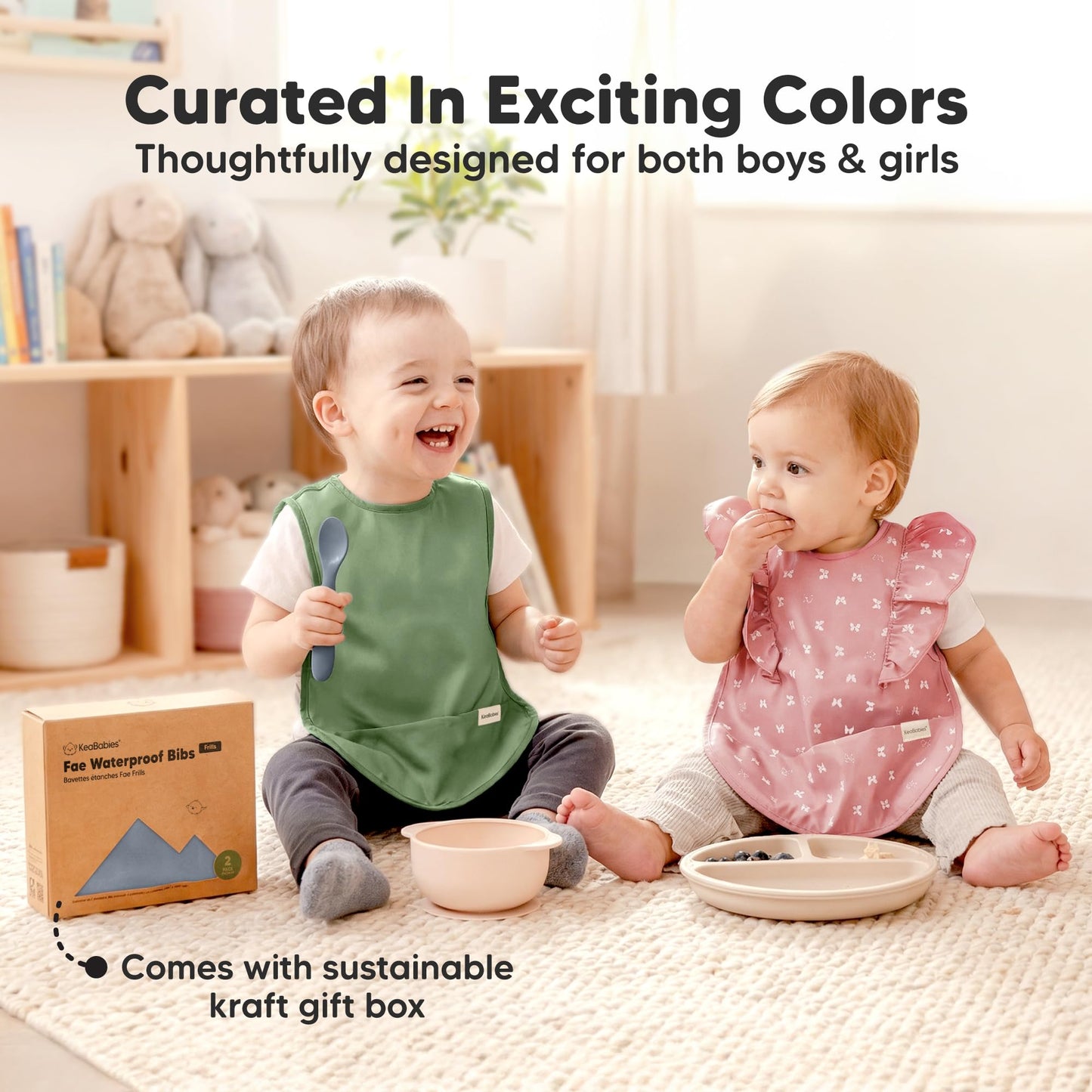 KeaBabies - Baberos impermeables para bebé niña, niño, paquete de 2 baberos ligeros y grandes para comer, colector de alimentos portátil, esenciales de alimentación para bebés, de 6 a 12 meses, bata