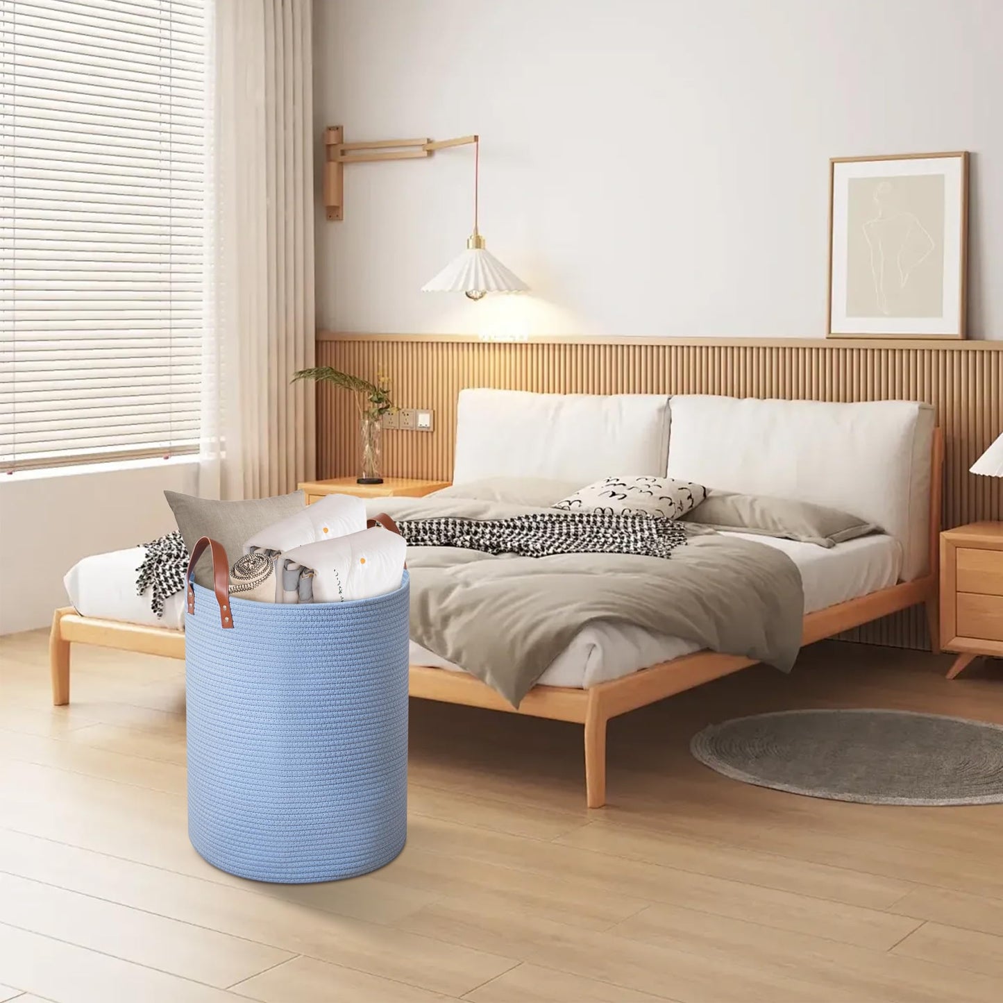 Wymulot - Cesta grande de cuerda de 80 l, cesta de almacenamiento de cuerda tejida con asas de piel, cesta de almacenamiento de juguetes para perros, recámara, almacenamiento de manta de guardería,