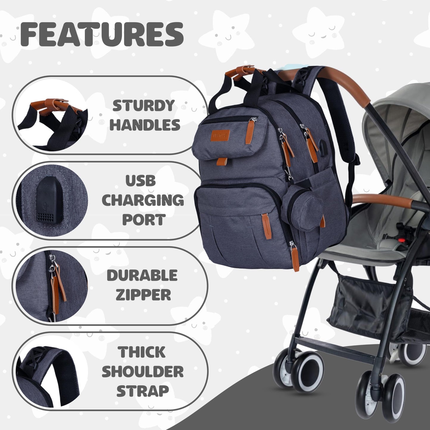 Nestlys - Mochila para pañales para bebé, Gris oscuro, Large, Moderno