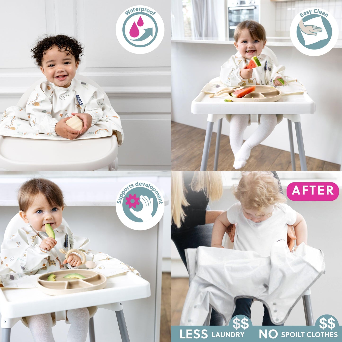 Bibado Baberos para bebé con mangas – Babero de destete LED para niños pequeños y bebés, 6-36 meses, se fija a sillas altas, cochecitos, mesas, Serengeti Spaghetti, One Size