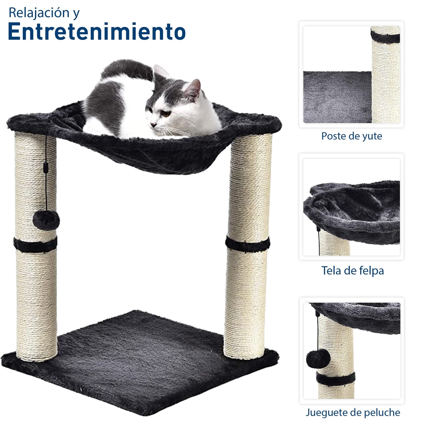 Bluelander Rascador para Gatos, Torre para Gatos de 50 cm de Altura, Arbol para Gatos con Hamaca para Descansar, Superficie Sólida y Afelpada, Juguete Suave Colgante, Cuerda de Sisal Duradera