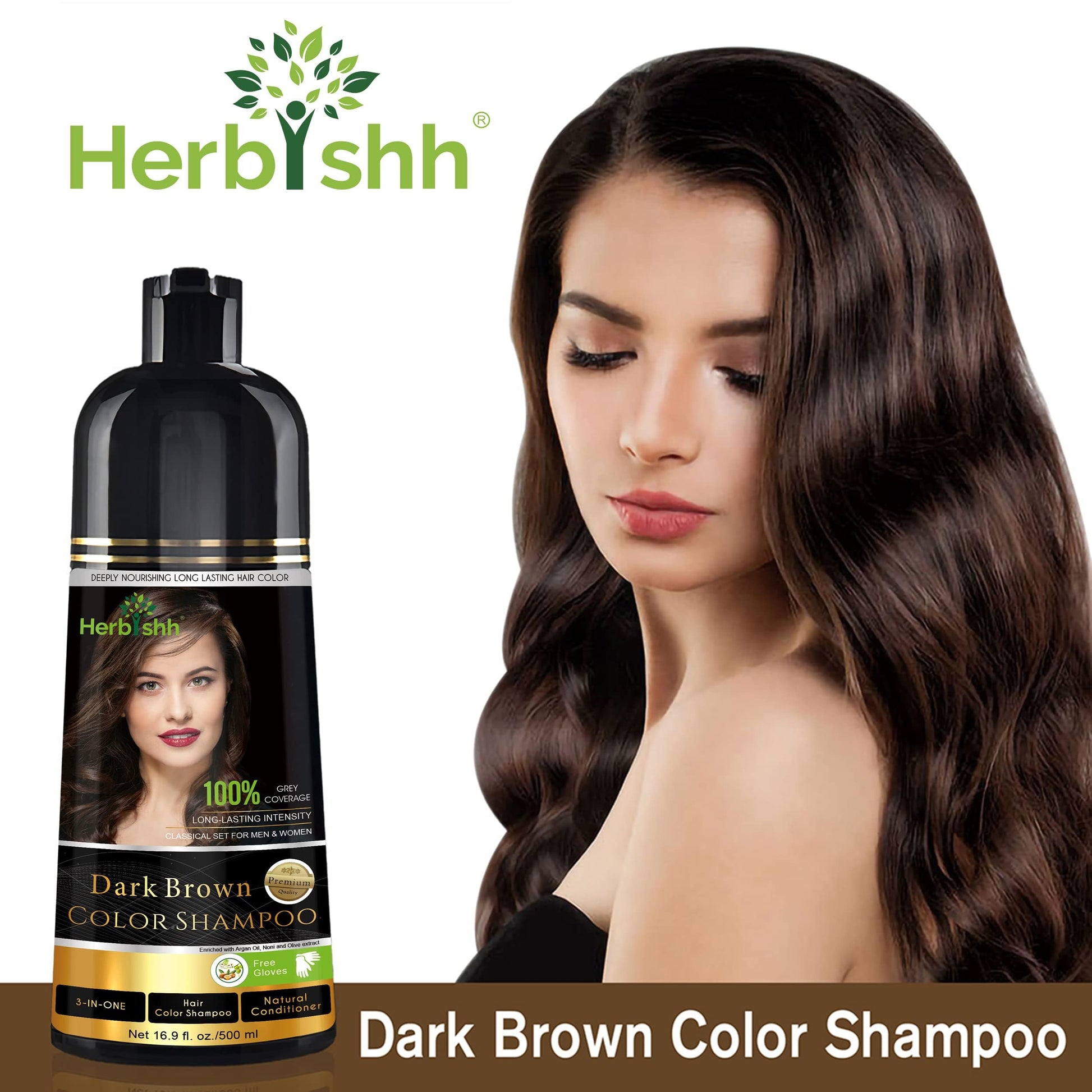 Herbishh - Champú colorante para cabello gris, champú con tinte natural para el cabello, colorea el cabello en minutos, dura hasta de 3 a 4 semanas, 500 ml, tinte de cabello 3 en 1, sin amoniaco | (marrón oscuro)