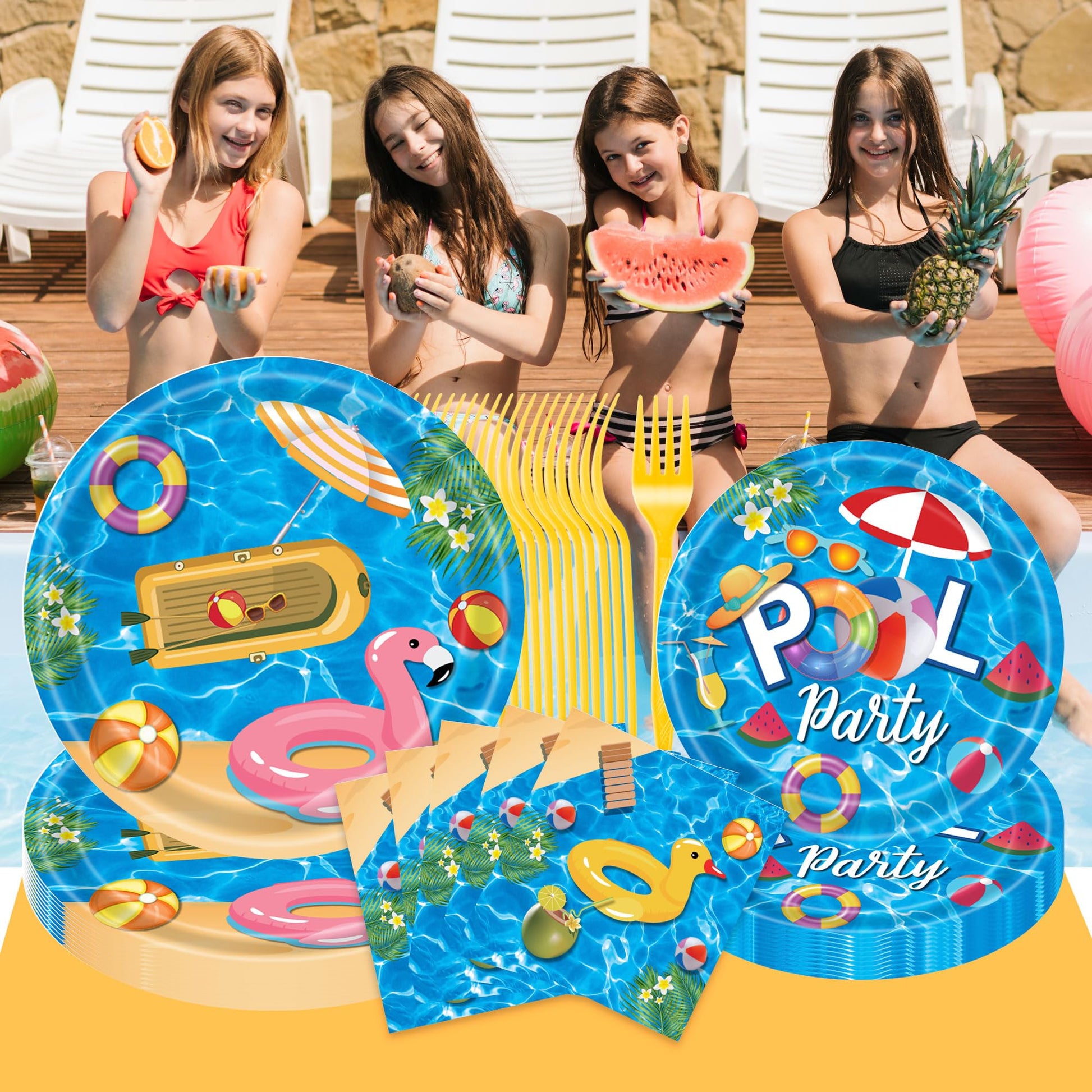 Decoraciones para fiestas en la piscina, 96 piezas de suministros para fiestas en la piscina, platos de papel para fiestas de verano, decoraciones de fiesta de cumpleaños, decoraciones de fiesta
