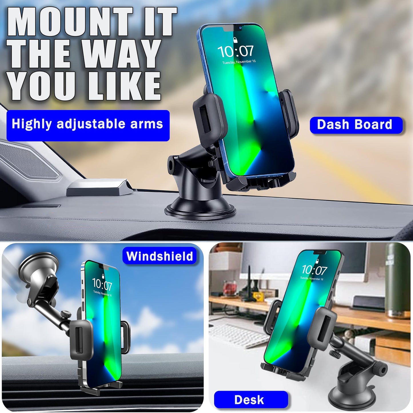Soporte Celular Automóvil, Base de Ventosa para Parabrisas y Salpicadero, Compatible con iPhone, Motorola, Xiaomi, Huawei
