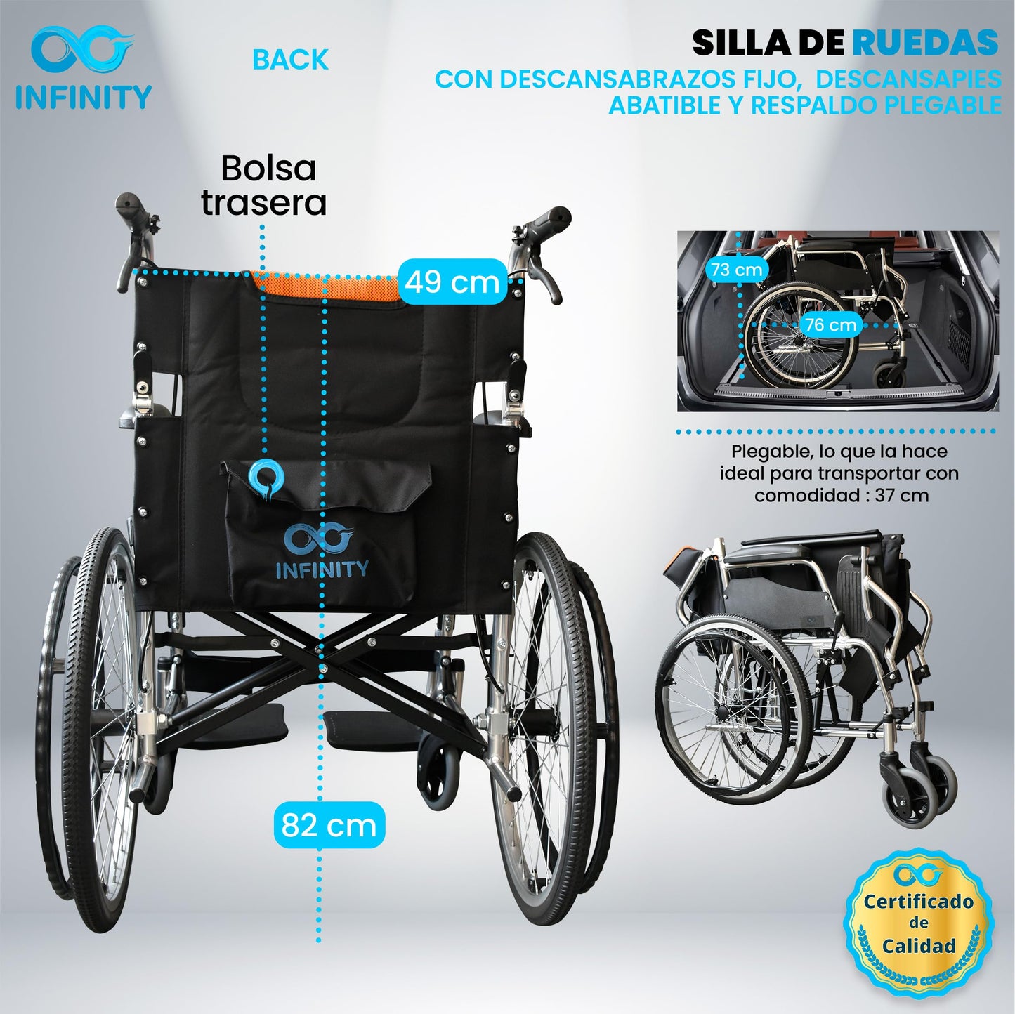 INFINITY | Silla de Ruedas Todo Terreno Ligera de Aluminio con Respaldo Plegable y Doble Sistema de Frenado (Negro-Naranja)