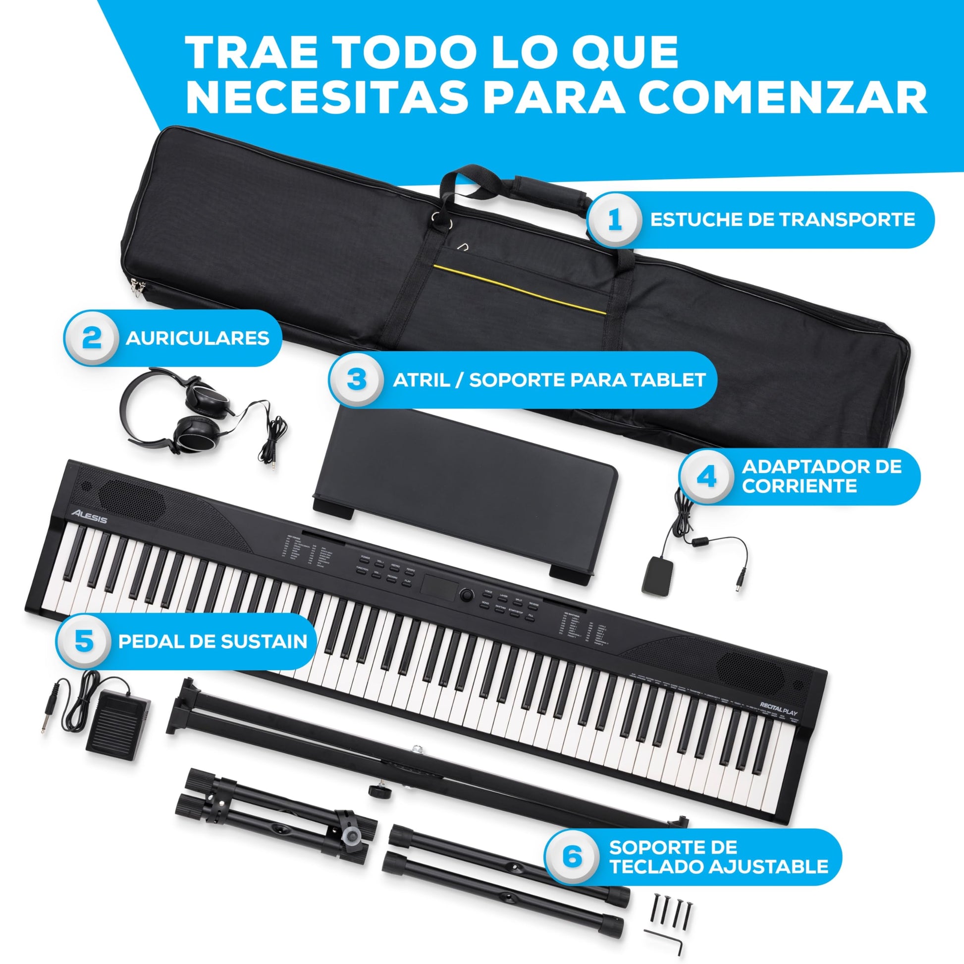 Alesis Teclado Piano con 88 Teclas y 480 Sonidos, Altavoces, MIDI USB, Estuche, Soporte, Auriculares, Pedal y Lecciones de Piano Incluidas