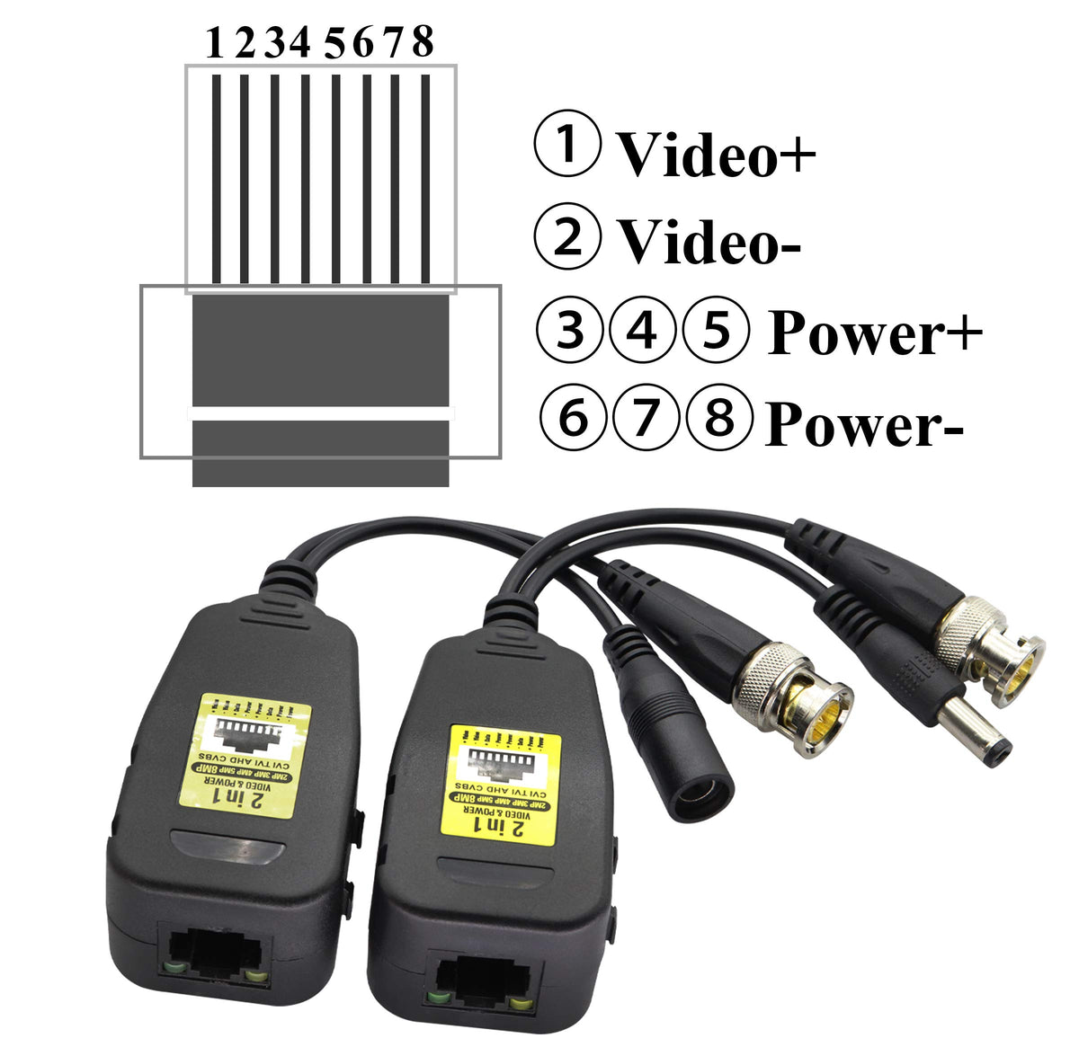 Transceptor de Red AAOTOKK Power Video Balun Negro con Conector DC para Sistemas de Cámara CCTV HD-CVI/TVI/AHD/CVBS