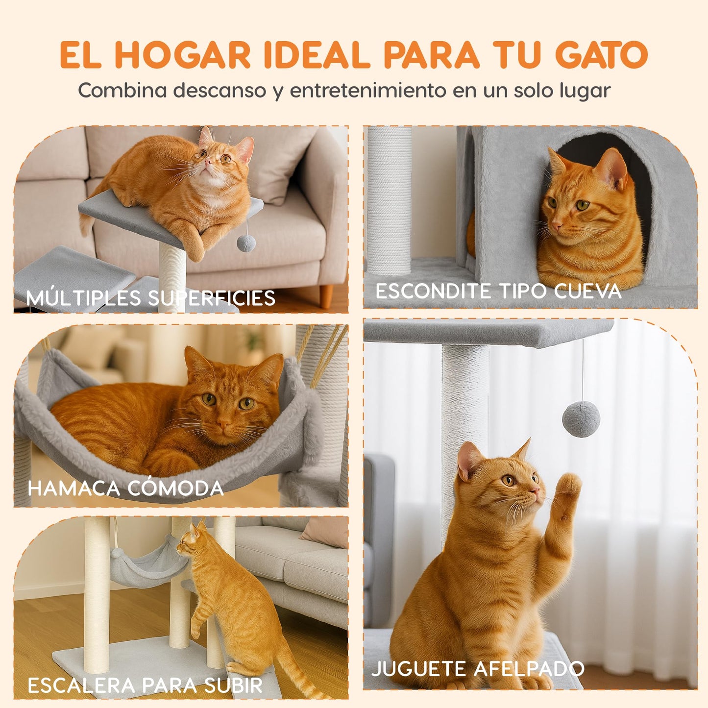 POLI PETS Rascador para Gatos Persa, Árbol para Gatos con Escalera, Escondite y Hamaca, Estructura Cubierta de Sisal y Felpa, Seguro, Cómodo y Duradero, Castillo para Gatos 125 X 50 X 40cm (Gris)