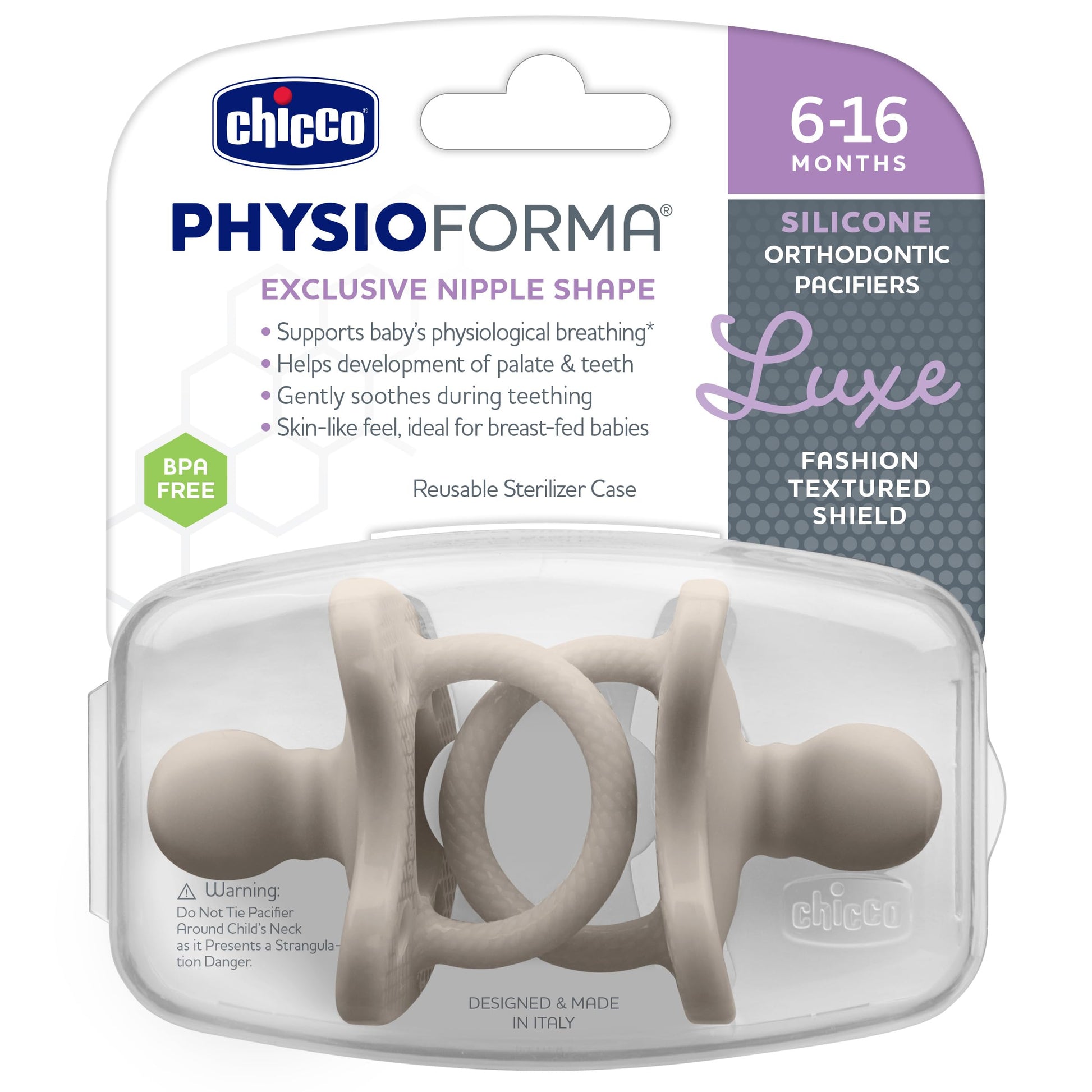 Chicco PhysioForma® - Chupete de silicona de lujo de una pieza para bebés de 6 a 16 m | Escudo texturizado de moda | Sin BPA y látex | Funda esterilizante reutilizable | Gris, 2 unidades