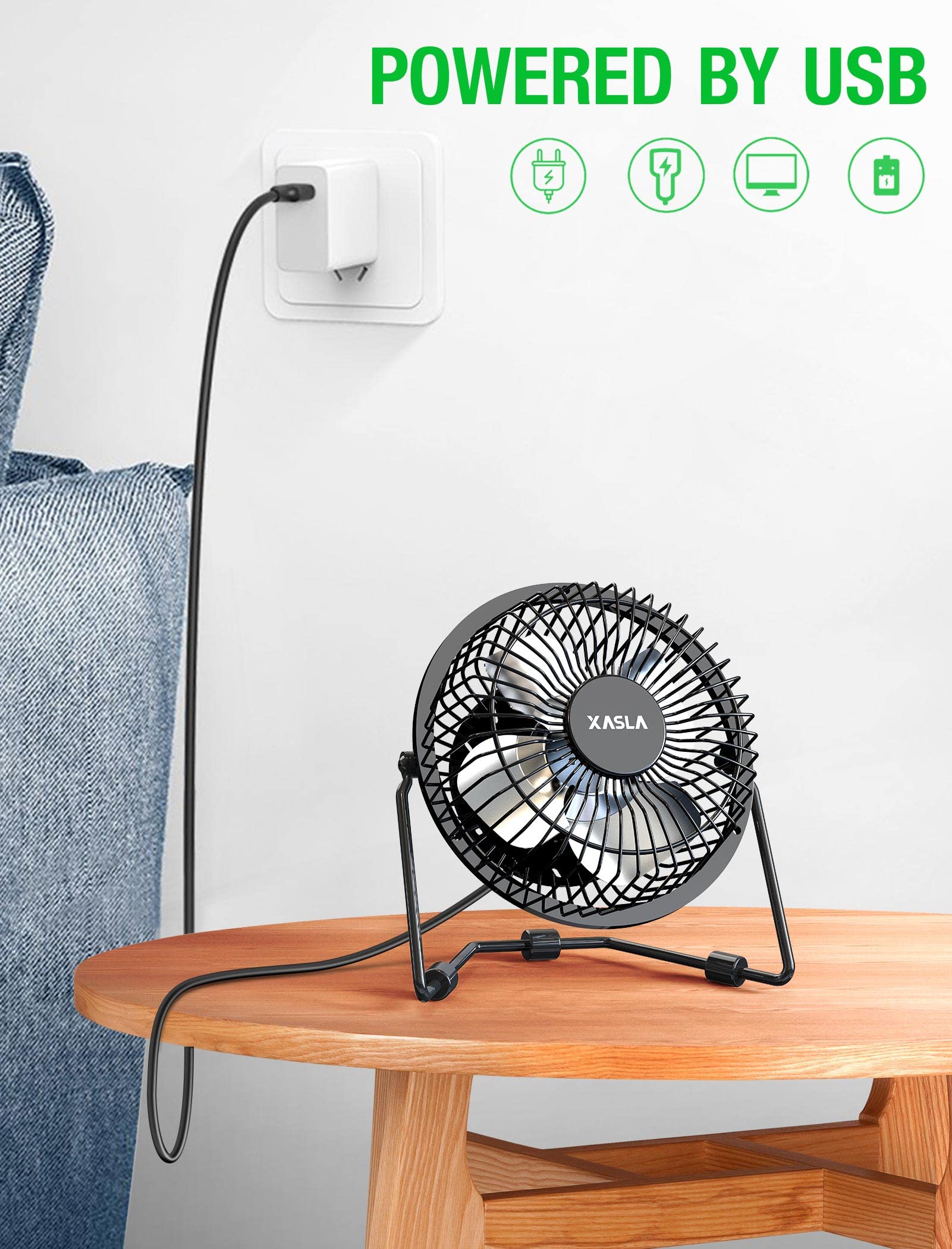 Ventilador de Escritorio USB de 4 Pulgadas xasla Negro con Estructura Metálica, Alta Potencia y Ángulo Ajustable 360°