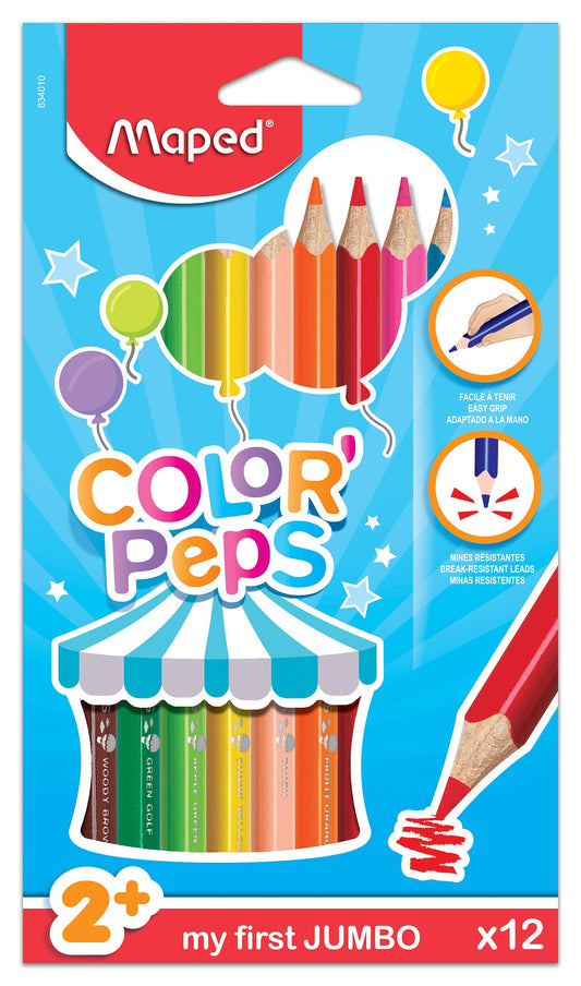 Maped Color'Peps - Lápices de madera para colorear, mina suave y resistente, triangular para un mejor agarre, fácil de usar, 12 colores brillantes jumbo de 4,7 mm