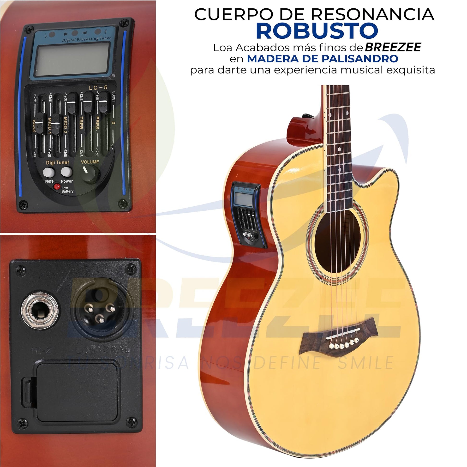BREEZEE Guitarra Electroacústica de 40” Diseñada sobre Abeto, Merbau, Okume y Palisandro. Acabado de Barniz en Pulverización, Incluye Set de Accesorios Completo para Principiante