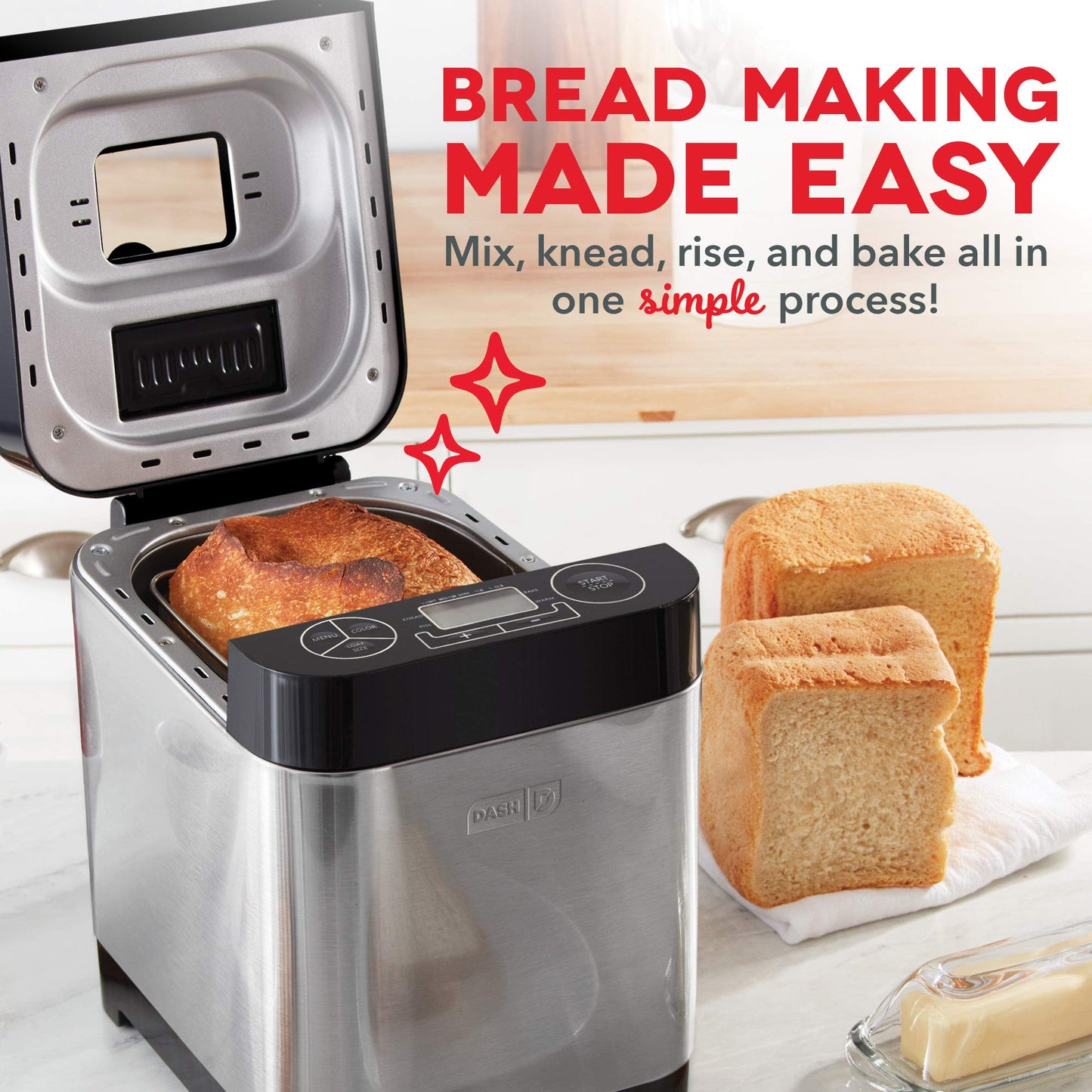 Dash Everyday - Máquina para hacer pan de acero inoxidable, hasta 1.5 libras, programable, 12 ajustes + dispensador de llenado automático sin gluten y sin gluten, color negro