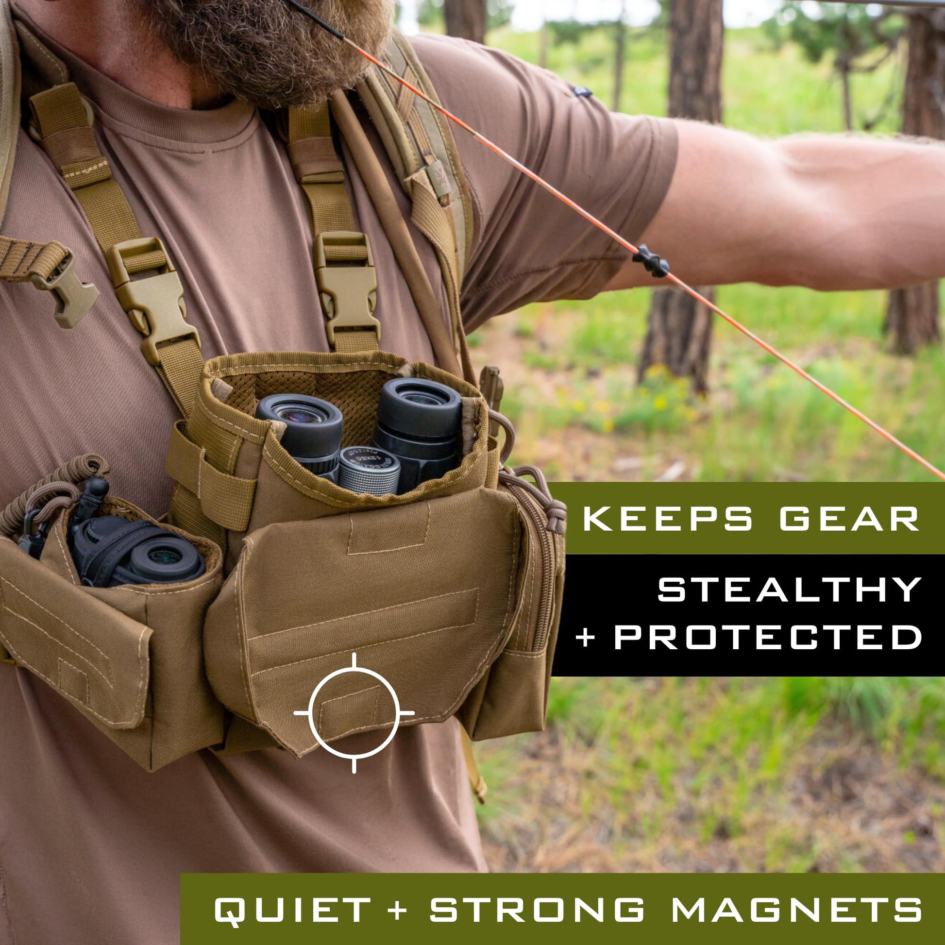 Lone Trail - Arnés binocular impermeable para el pecho – Arnés bino ligero con bolsa de telémetro, funda binocular arnés de pecho con cierre magnético silencioso, sistema MOLLE equipo de caza para