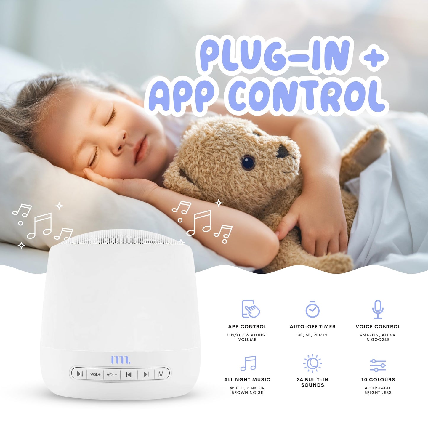 The Midwife Mumma Baby Sound Machine and Sleep Light, 34 sonidos calmantes, ruido blanco para bebés y adultos, función controlada por la aplicación