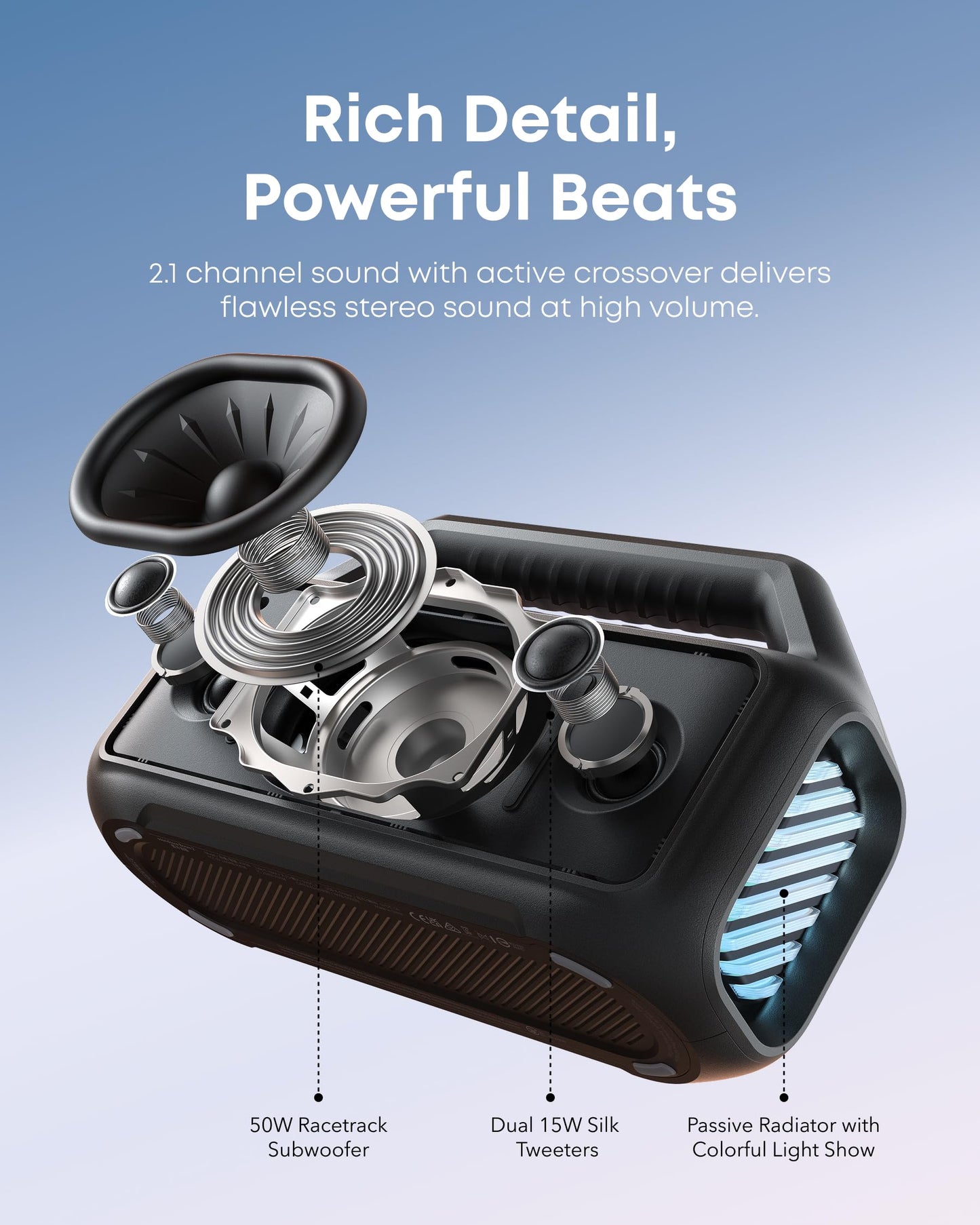 Soundcore Boom 2 - Altavoz para exteriores, 80 W, subwoofer, BassUp 2.0, tiempo de reproducción de 24 horas, IPX7 impermeable, flotable, luces RGB, USB-C, ecualizador personalizado, Bluetooth 5.3,