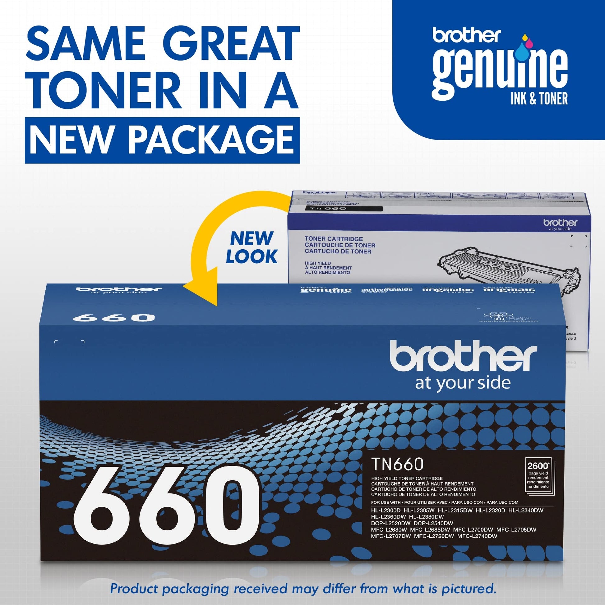BROTHER - Cartucho de tóner original de alto rendimiento, TN660, tóner negro de repuesto, rendimiento de página de hasta 2600 páginas, cartucho de reabastecimiento Amazon Dash