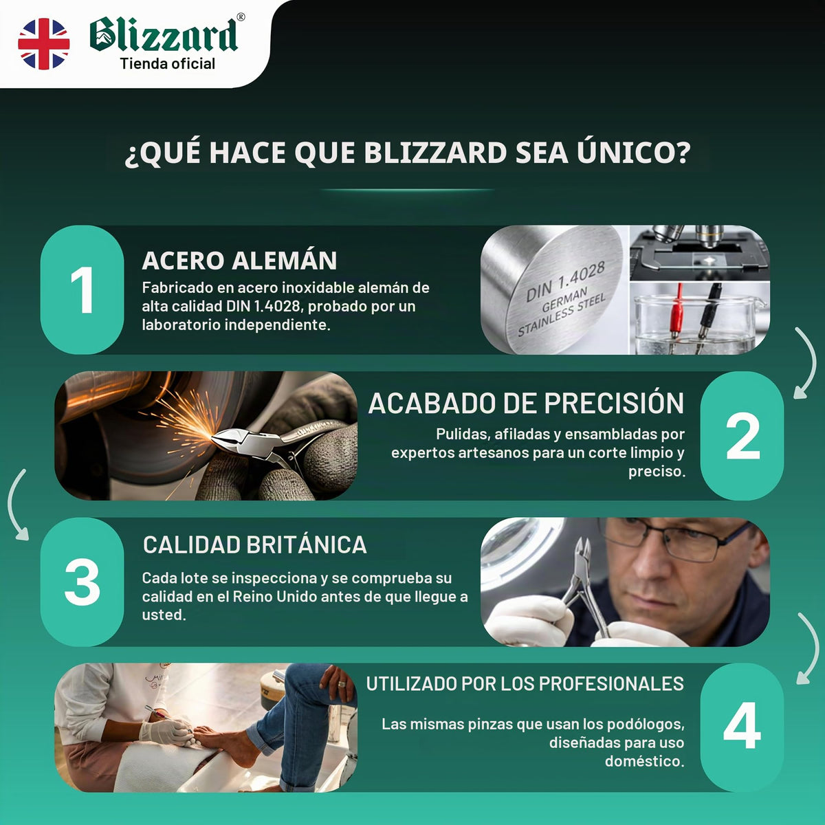 Blizzard Kit Pedicura Profesional 3 Piezas - Herramientas para Uñas Encarnadas y Delicadas - Utensilios de Acero Inoxidable Podología Lima Metálica Sonda Elevador Limpiador Cuidado de Pies Premium