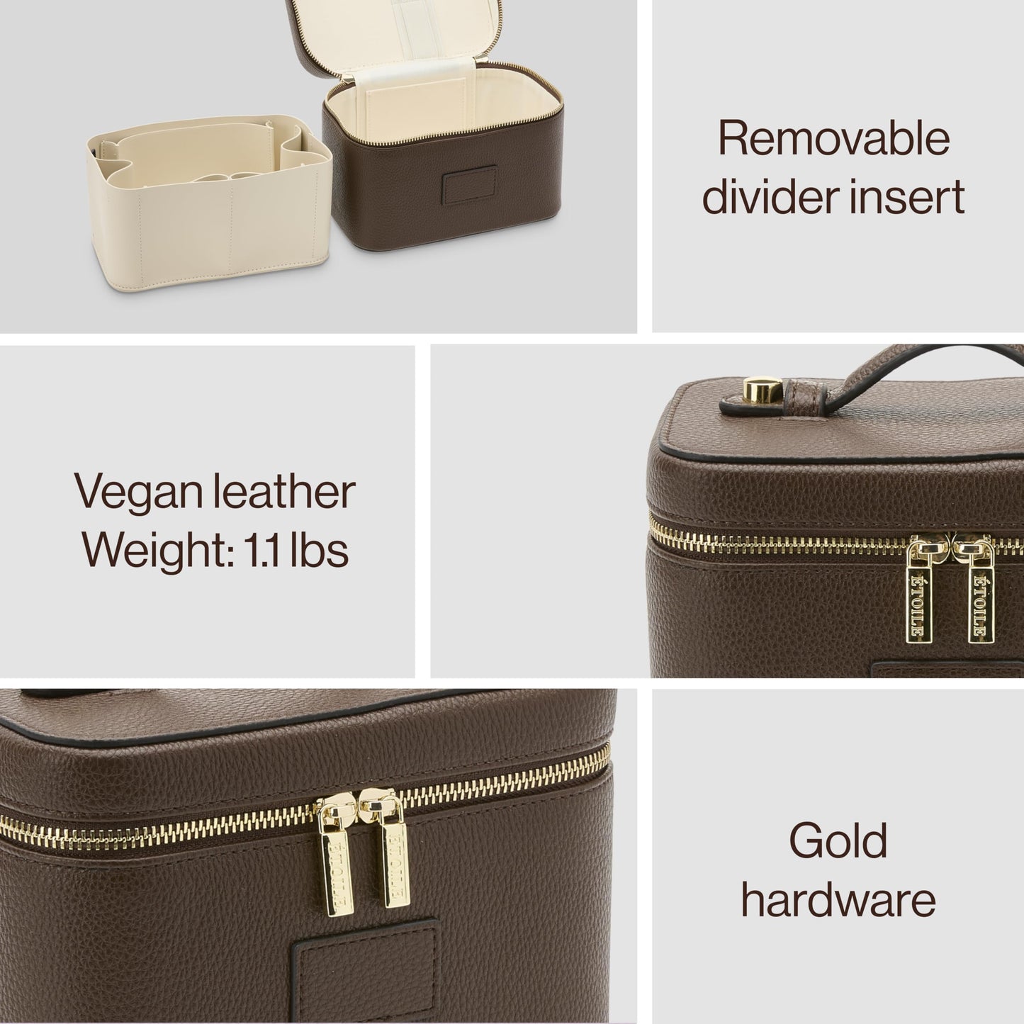 ETOILE - Mini estuche de cambiador elegante organizador de bolsa de maquillaje de viaje con divisores extraíbles, Espresso, Mini estuche de viaje cosmético