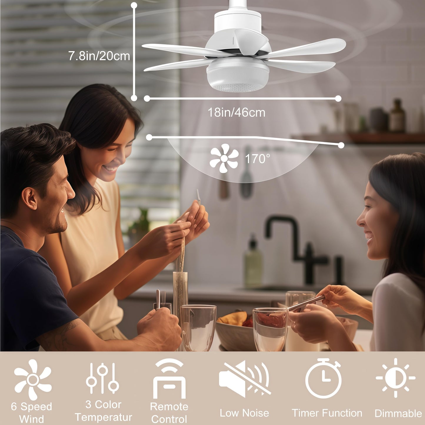 Locamp - Luz de ventilador con control remoto elimina la necesidad de un enchufe E26 Se puede utilizar en cualquier ubicación, LED regulable, 3 niveles de temperatura de color: 3000 k-6500 k. 2200