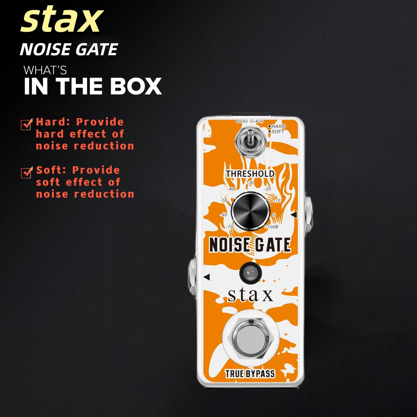Pedal de Guitarra Eléctrica Stax Negro con Modos Duros y Suaves True Bypass