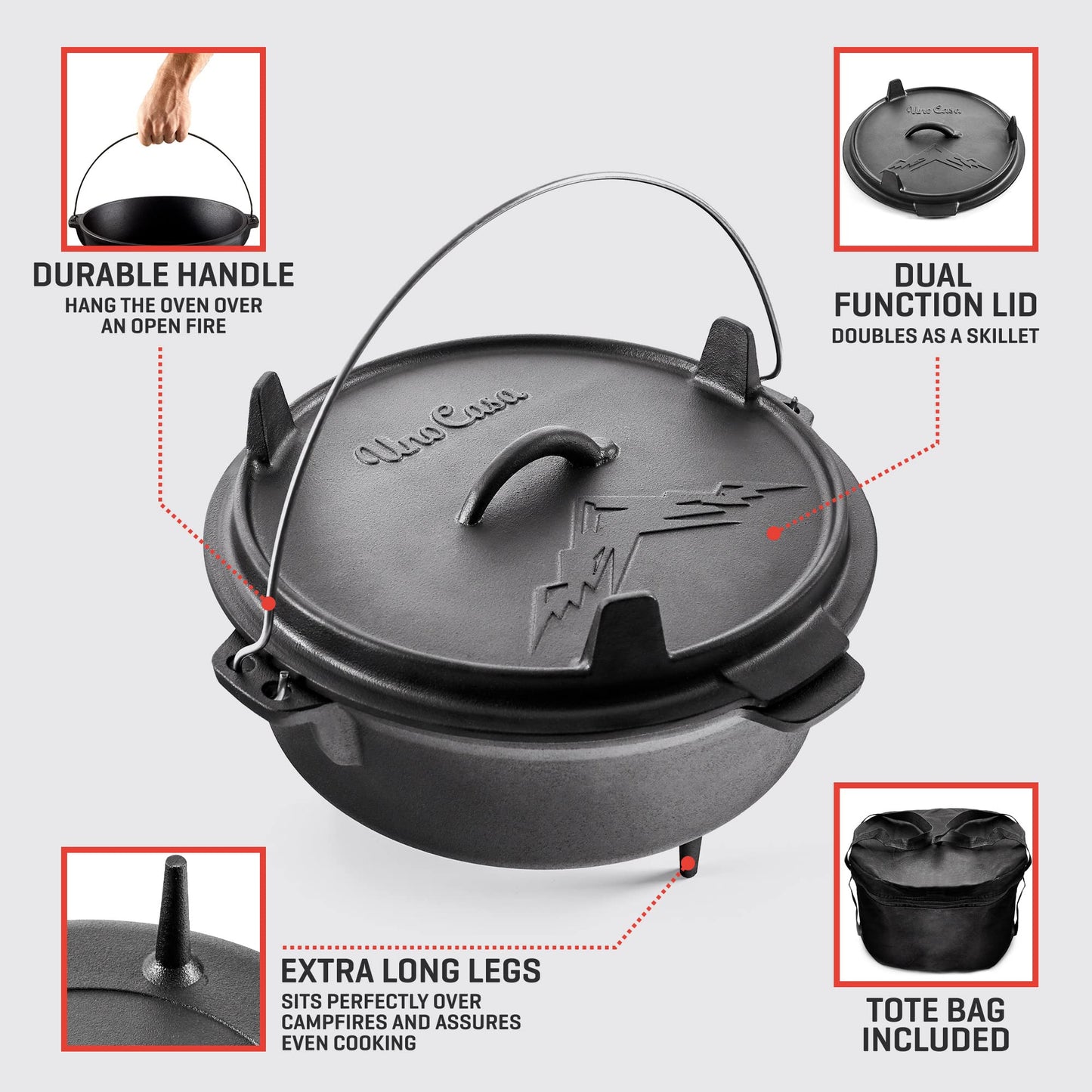 Uno Casa Olla holandesa de hierro fundido para camping - Olla con tapa presazonada de 5,6 litros ideal para ir de acampada