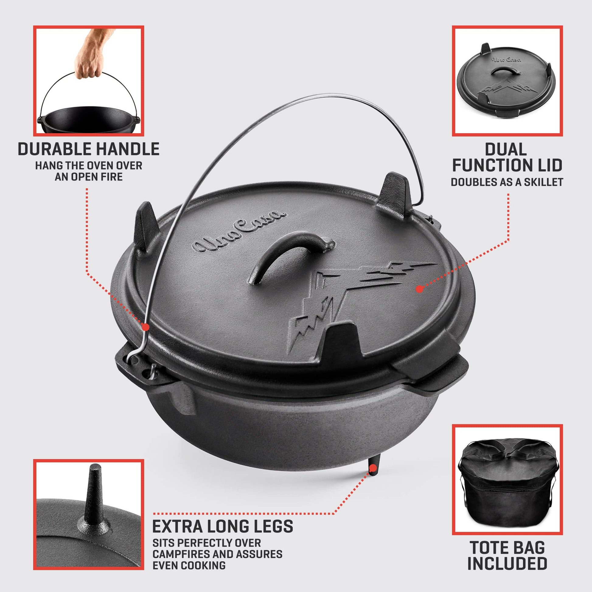 Uno Casa Olla holandesa de hierro fundido para camping - Olla con tapa presazonada de 5,6 litros ideal para ir de acampada