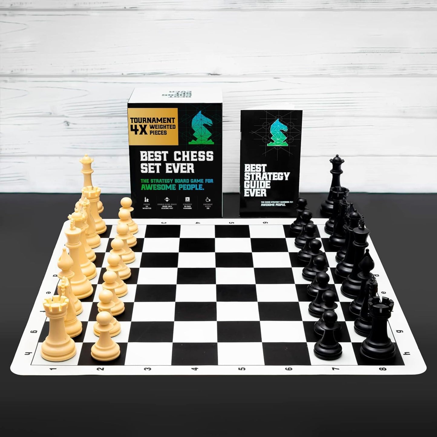 Best Chess Set Ever 4X Juego de Ajedrez Profesional Cuádruple Peso (Rey de 11,4 cm), Tablero Silicon Reversible 50x50 cm, Piezas Modernas Staunton Ponderadas, Ajedrez de Torneo para Adultos y Niños