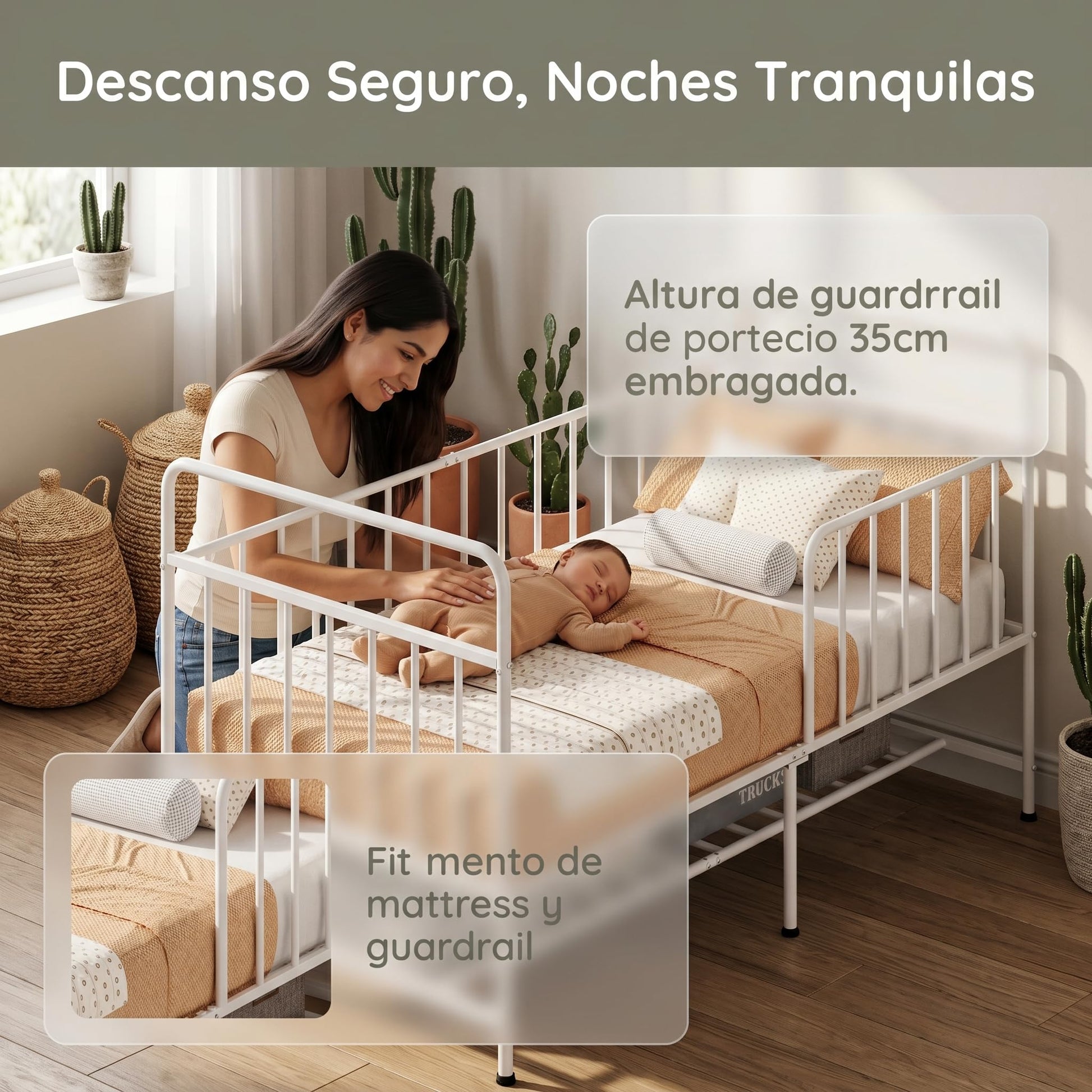 Uzelia Cuna Convertible para Bebé 4 en 1, Cuna para Bebé de Metal con Barandales de Seguridad, Cama Infantil, Daybed y Sofá para Niños, Estructura Resistente con Almacenamiento Inferior, Blanco