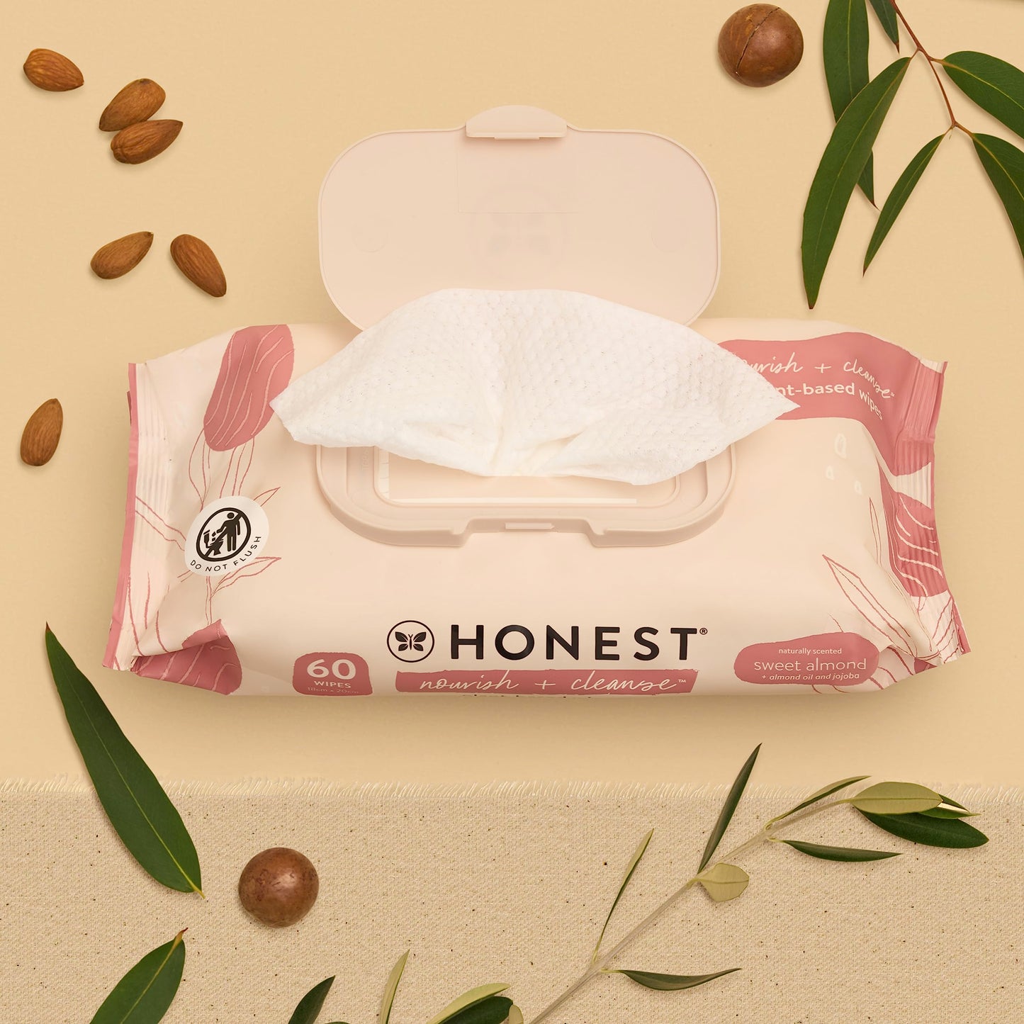 HONEST Company Nourish + Cleanse Wipes, Almond Oil + Jojoba Sweet Scent, 60 Count,Nourish (Sweet Almond)