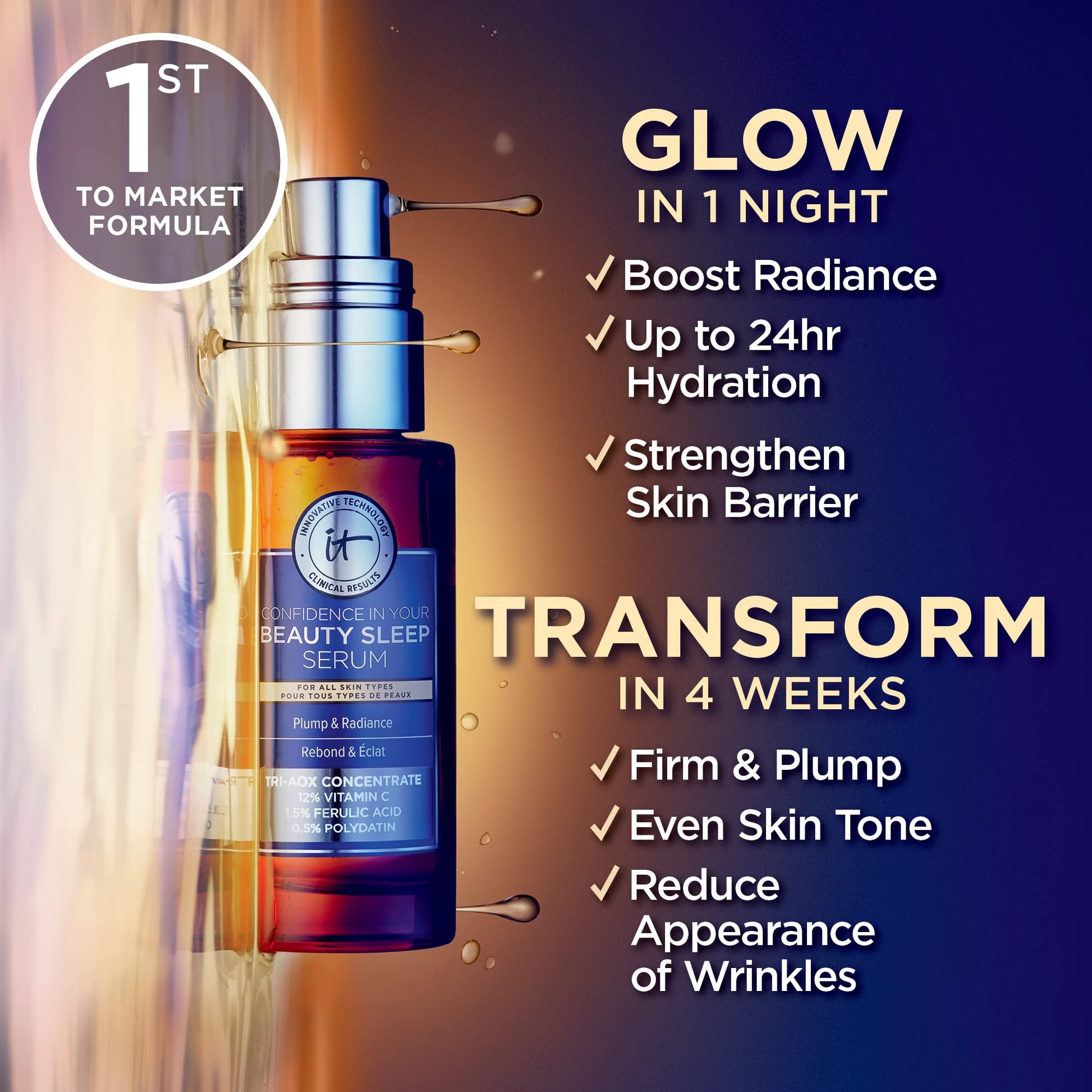 IT Cosmetics Confidence in Your Beauty Sleep Suero Iluminador Triple Antioxidante, Hidratación 24HR, anti-signos de la edad con 12% suero de vitamina C, Todo tipo de piel, 30 ml
