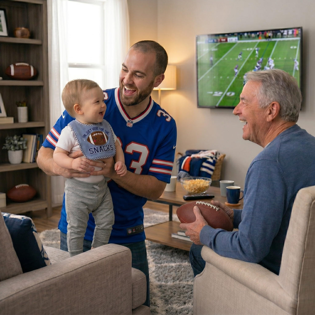 Baby Essentials - Juego de babero y calcetín para bebé, accesorio de fútbol, regalo para recién nacidos y bebés (Blue I'm Just Here for The Snacks, 0-12 meses)