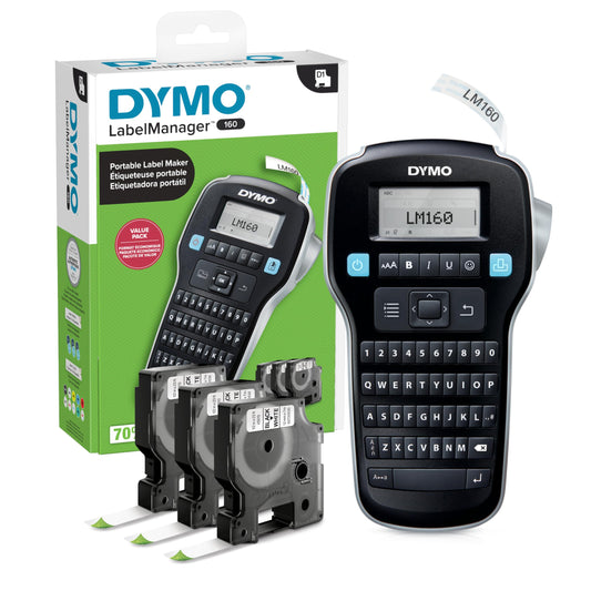 DYMO LabelManager 160 - Paquete portátil de etiquetas, fácil de usar, teclas inteligentes de un solo toque, teclado QWERTY, visualización grande, para organización del hogar y la oficina, incluye 3