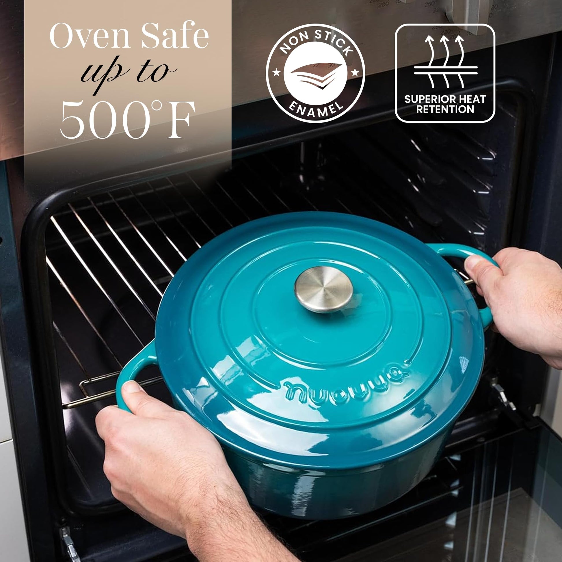 Nuovva - Olla de hierro fundido esmaltado con tapa, olla antiadherente de 6.4 cuartos de galón, resistente y apta para horno hasta 500 °F, para hornear, estofar, asar, 28 cm, color verde azulado