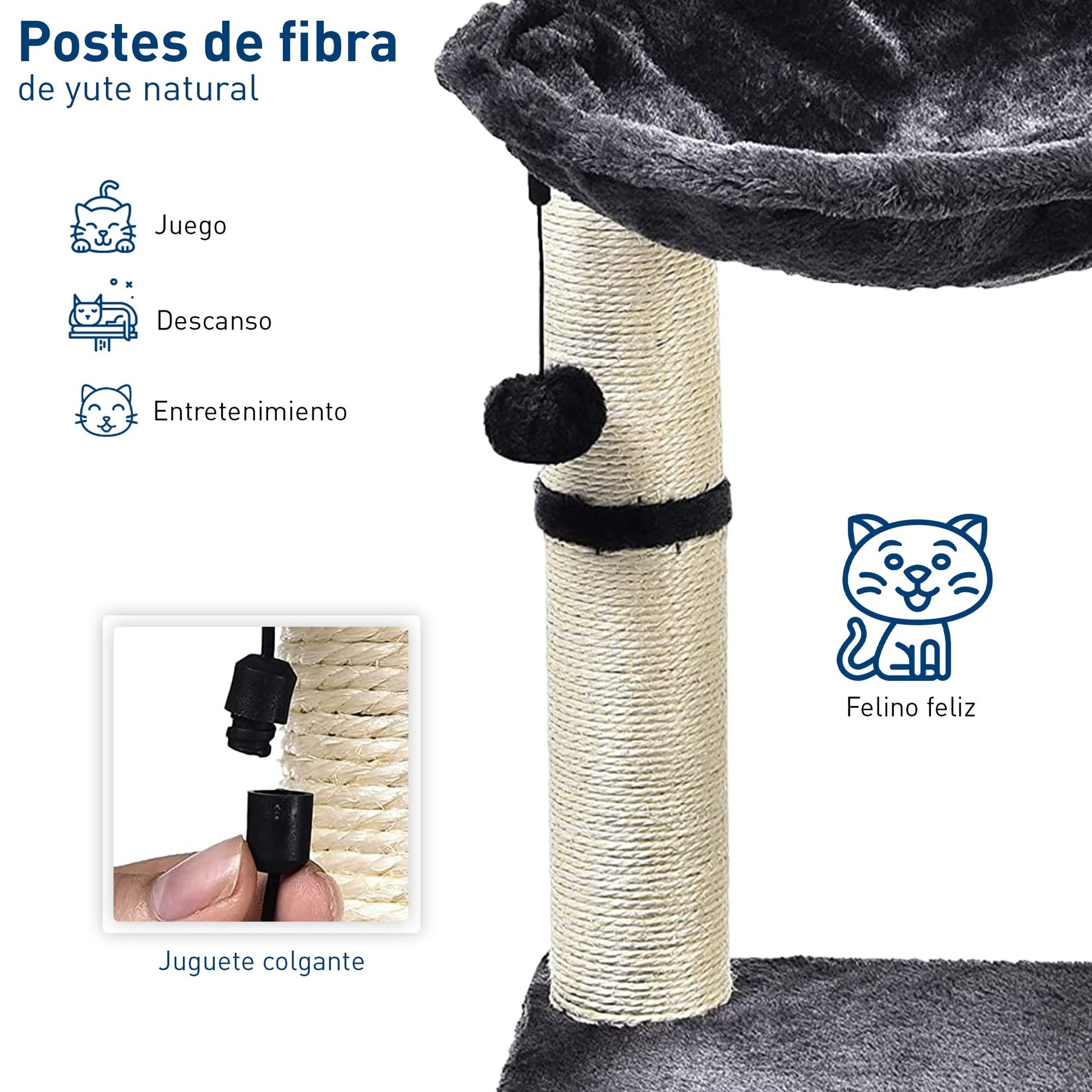 Bluelander Rascador para Gatos, Torre para Gatos de 50 cm de Altura, Arbol para Gatos con Hamaca para Descansar, Superficie Sólida y Afelpada, Juguete Suave Colgante, Cuerda de Sisal Duradera