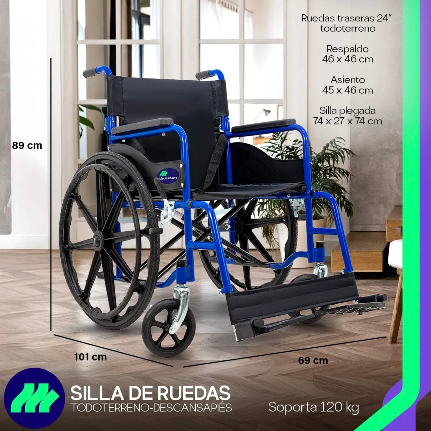 Silla de Ruedas Medical Store Azul Ligera Todo Terreno Plegable para Adulto Mayor