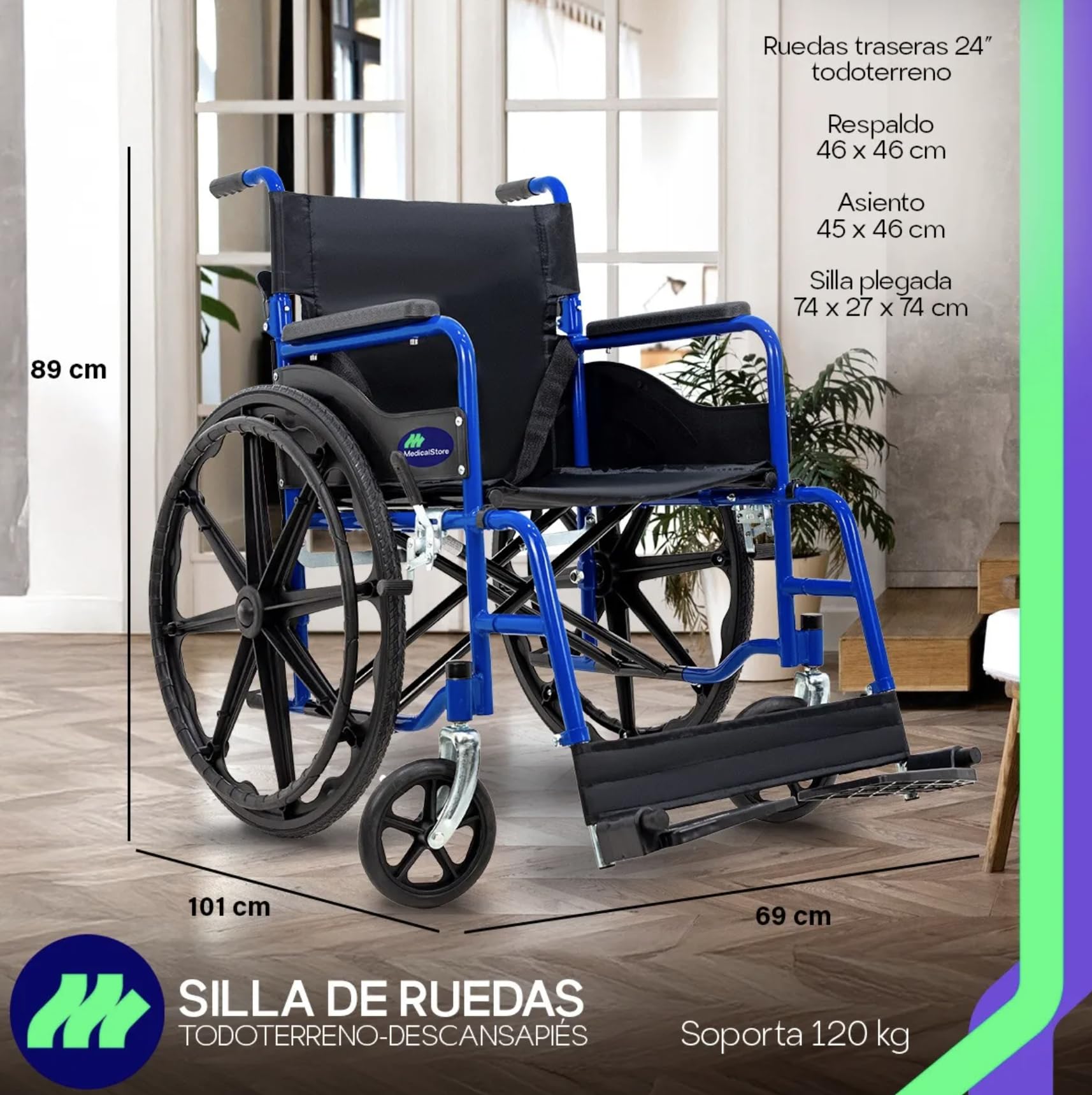 Silla de Ruedas Medical Store Azul Ligera Todo Terreno Plegable para Adulto Mayor