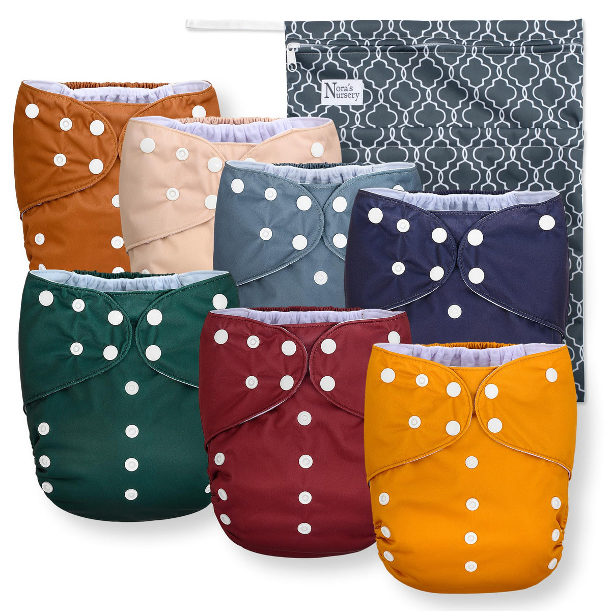 Nora's Nursery Pañales De Tela De Bolsillo Grande, Paquete De 7 Para Niños Pequeños De 35 A 55 Libras Con 1 Bolsa Húmeda, Funda Impermeable, Lavable, Reutilizable Y Talla Única Ajustable - Neutrales D
